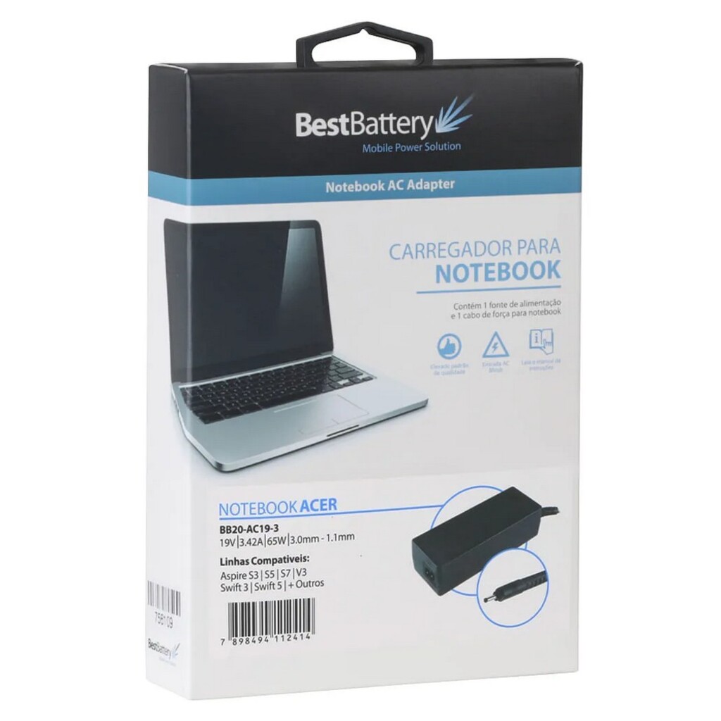 Fonte para Notebook Acer 65W 19V 3,42A Bivolt 3,0X1,1mm BestBattery - BB20-AC19-3