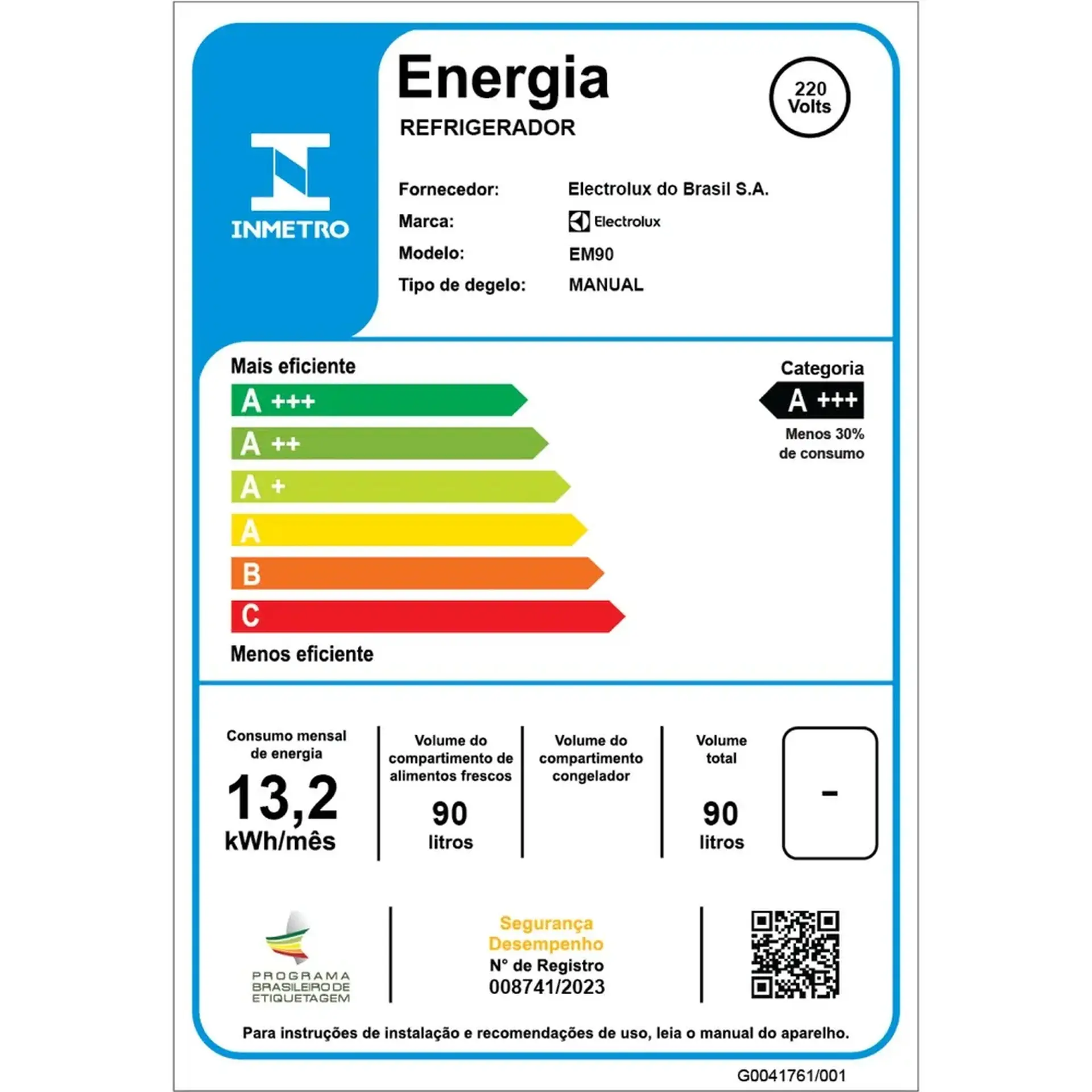 Frigobar Electrolux 90L 1 Porta Degelo Manual Efficient EM90 - Branco - 110 Volts