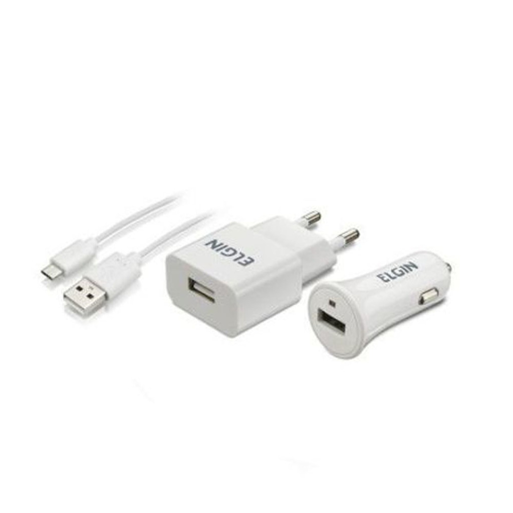 Carregador de Celular Parede/Veicular com 1 Porta USB 1.0A Bivolt Branco - Elgin - 46RCK1USB00M - Com Cabo Micro USB