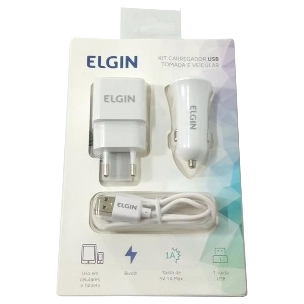 Carregador de Celular Parede/Veicular com 1 Porta USB 1.0A Bivolt Branco - Elgin - 46RCK1USB00M - Com Cabo Micro USB