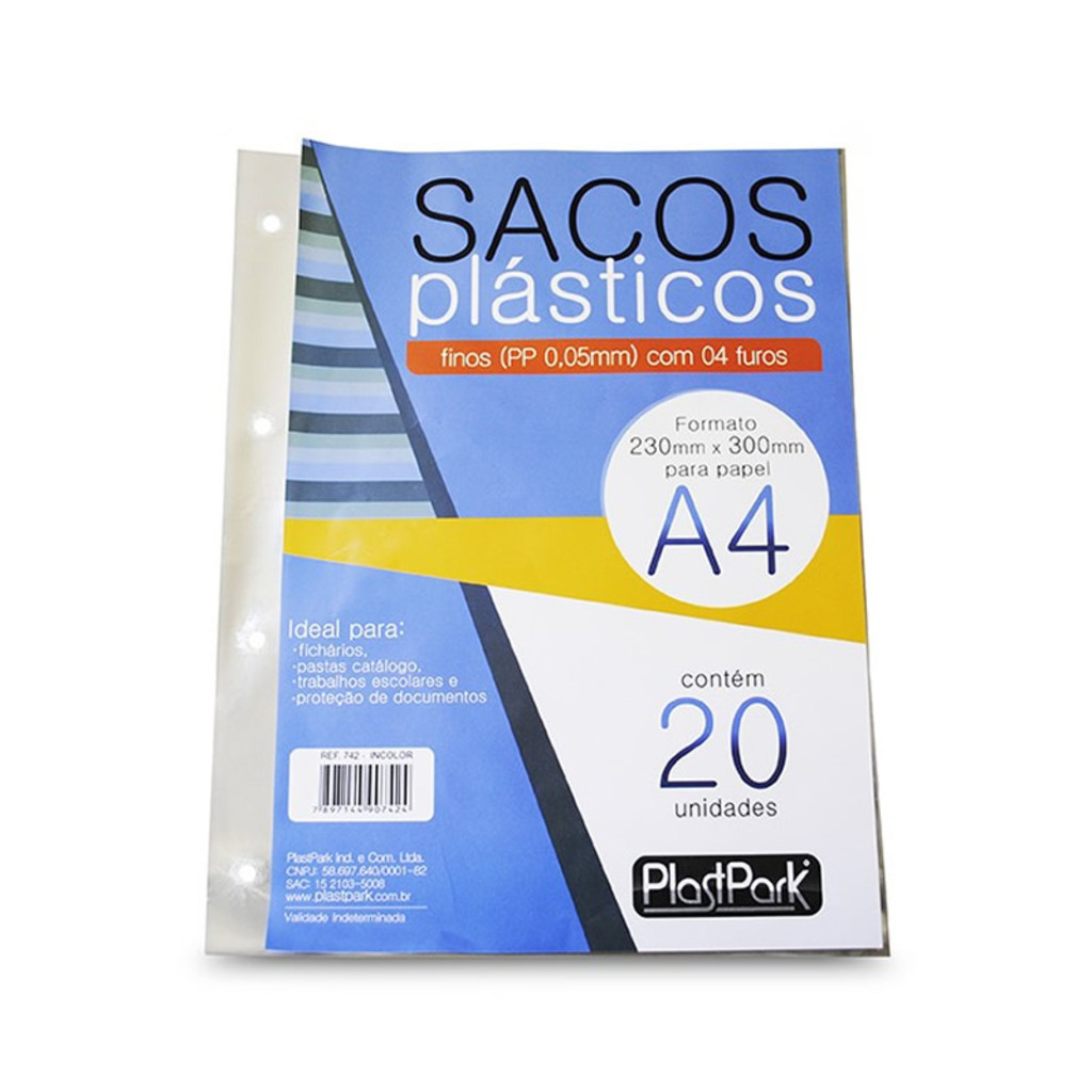 Saco Plástico A4 4 Furos 230mm x 300mm Fino Plastpark - Pacote com 20 Unidades - 742