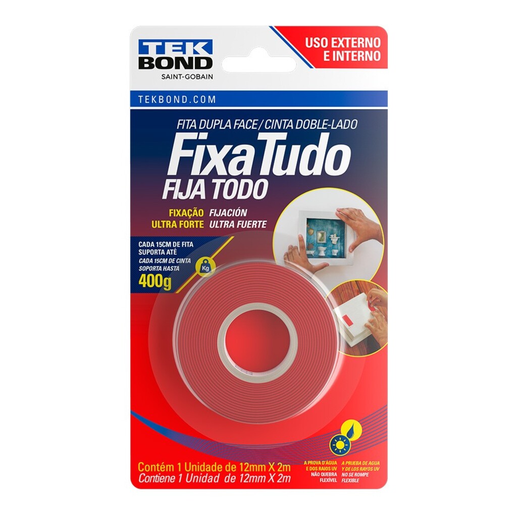 Fita Dupla Face Acrílico 12mm x 2 Metros Unitário Fixa Tudo - TekBond - 78072708208