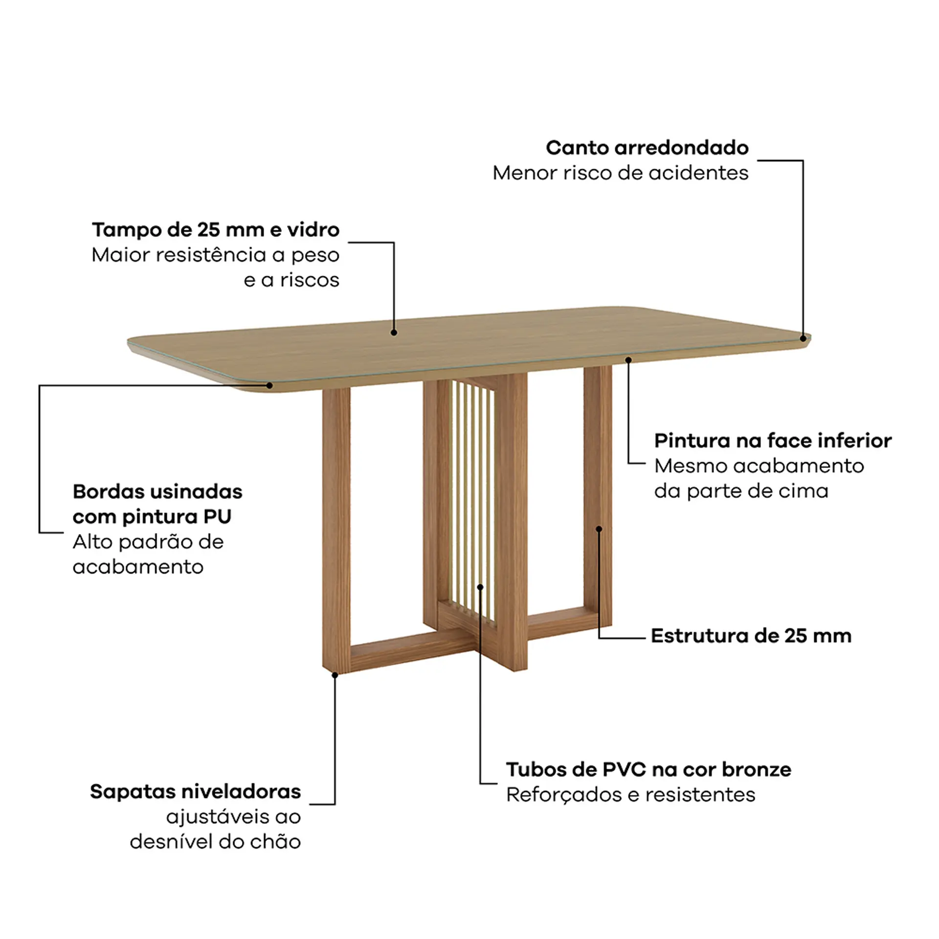 Conjunto de Mesa 6 cadeiras Assento Estofado Natalí Henn - Nature/Corano/Caramelo/Creme