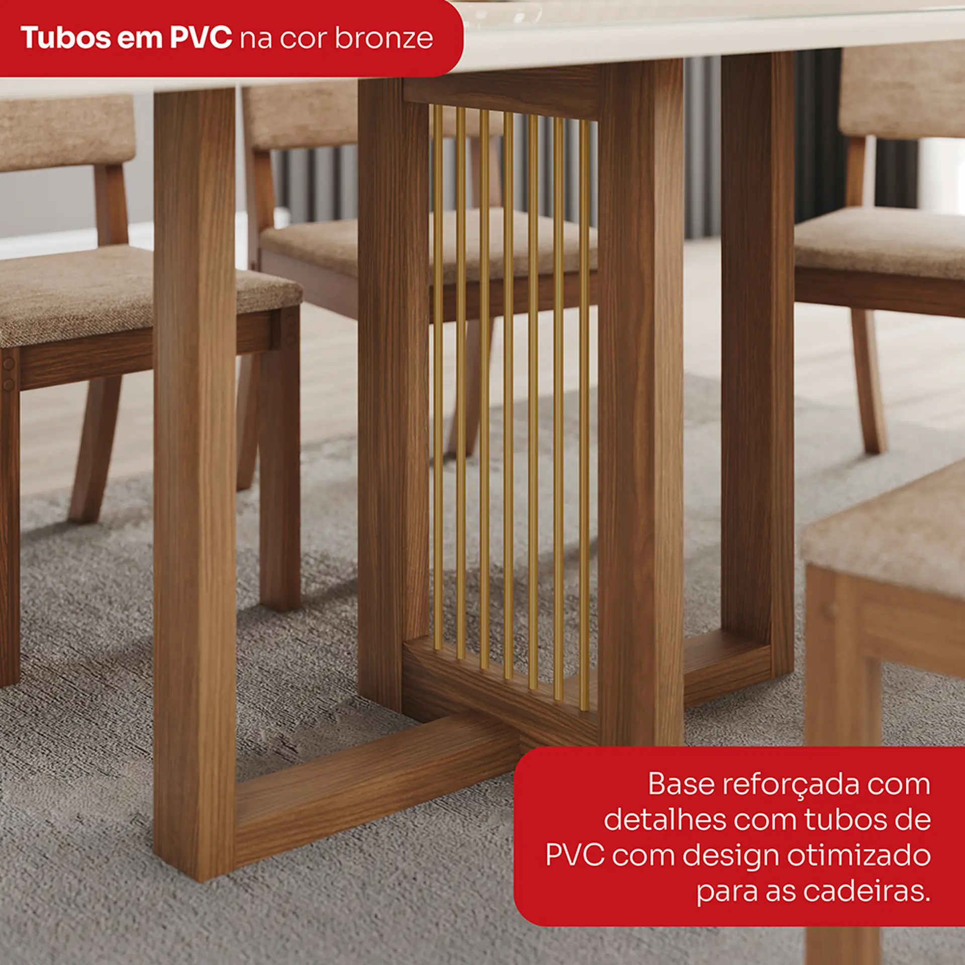 Conjunto de Mesa 6 cadeiras Assento Estofado Natalí Henn - Nature/Corano/Caramelo/Creme