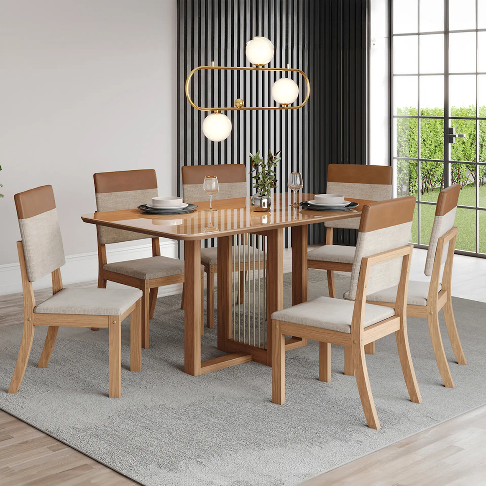 Conjunto de Mesa 6 cadeiras Assento Estofado Natalí Henn - Nature/Corano/Caramelo/Creme