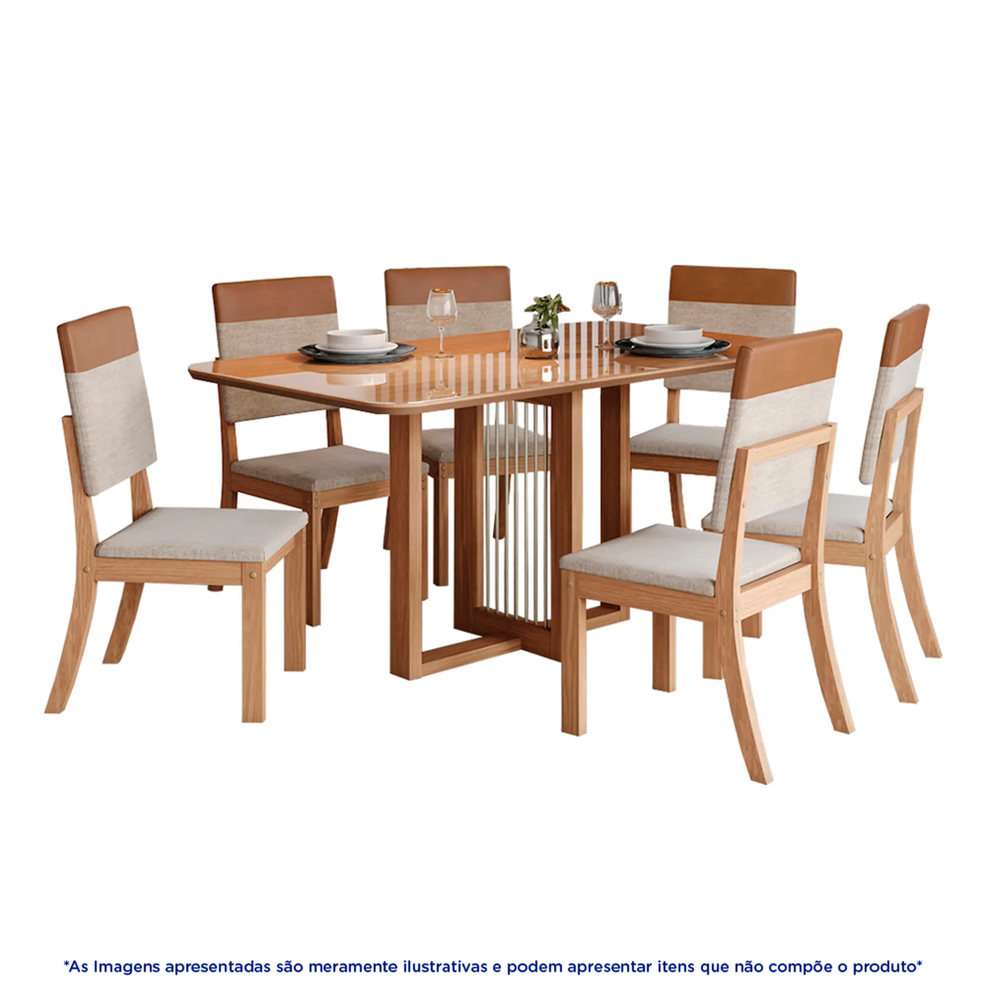 Conjunto de Mesa 6 cadeiras Assento Estofado Natalí Henn - Nature/Corano/Caramelo/Creme