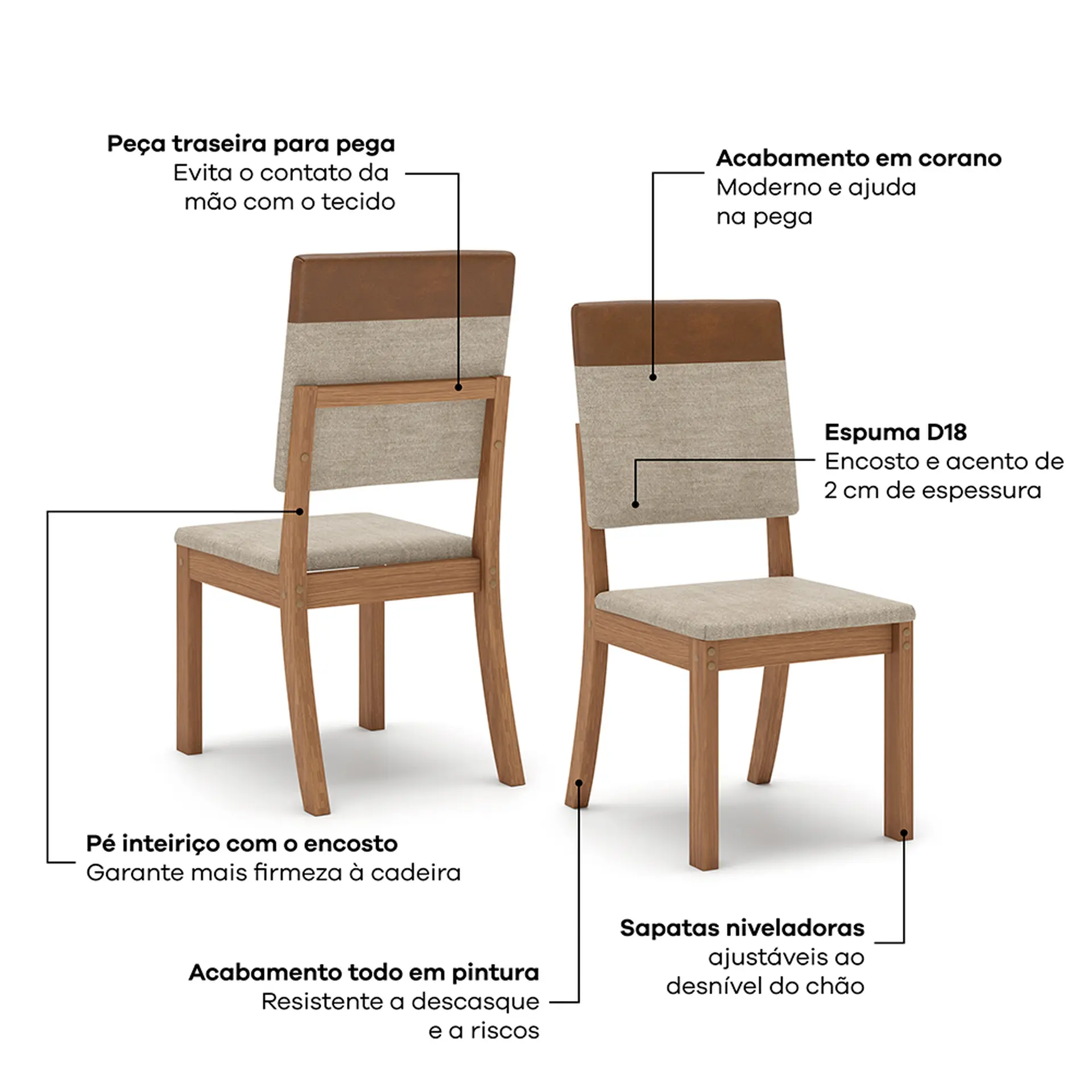 Conjunto de Mesa 6 cadeiras Assento Estofado Natalí Henn - Nature/Corano/Caramelo/Creme