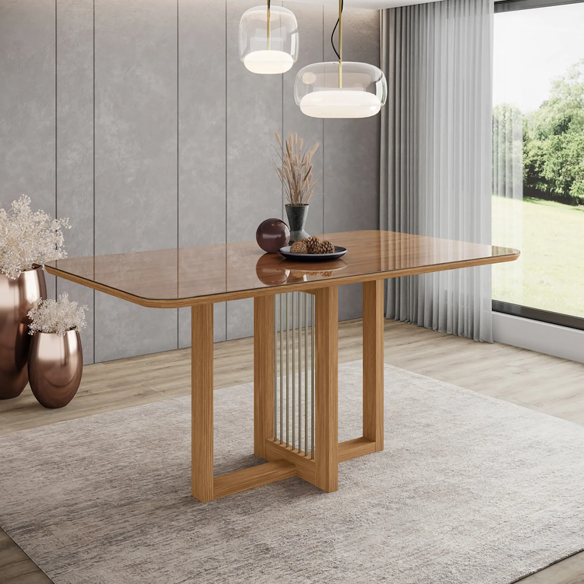 Conjunto de Mesa 6 cadeiras Assento Estofado Natalí Henn - Nature/Corano/Caramelo/Creme