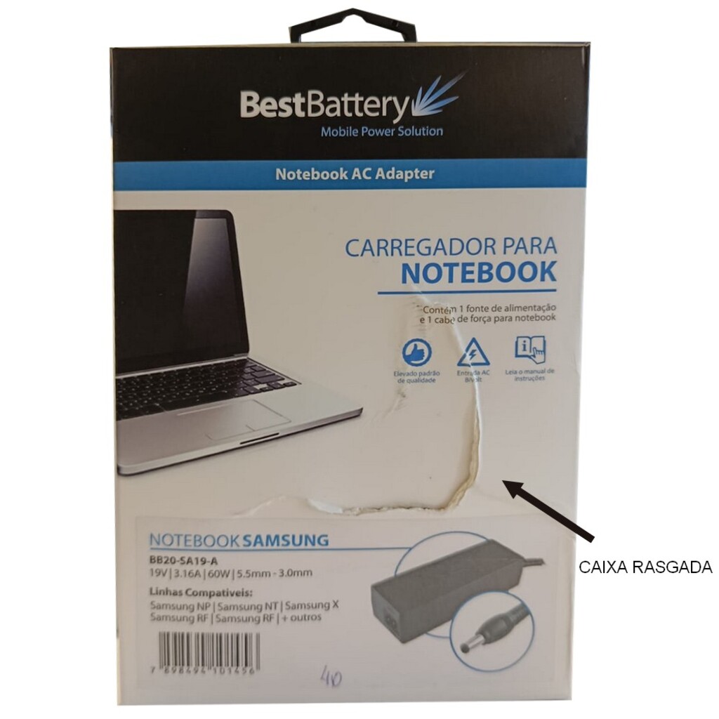 Fonte para Notebook Samsung 60W 19V 3,15A Bivolt 5,5X3,0mm BestBattey - BB20-SA19-A