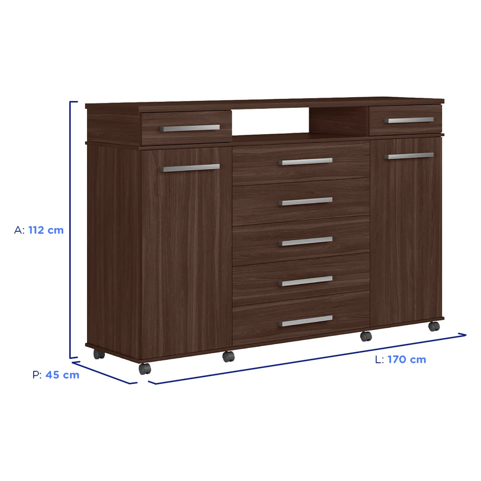 Cômoda 2 Portas Bater 7 Gavetas em MDP com Rodízios London Demóbile - Café Touch