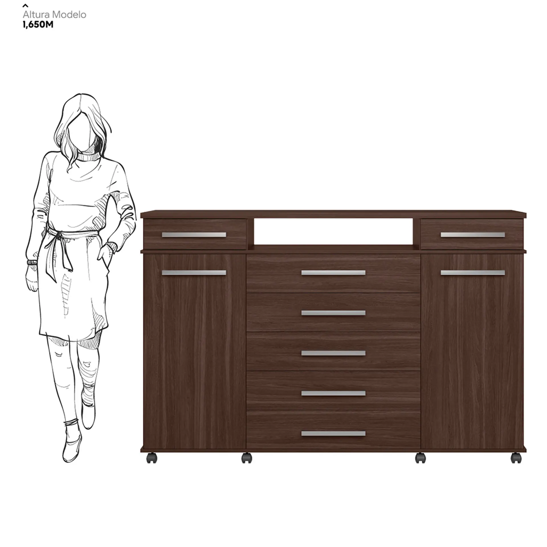 Cômoda 2 Portas Bater 7 Gavetas em MDP com Rodízios London Demóbile - Café Touch