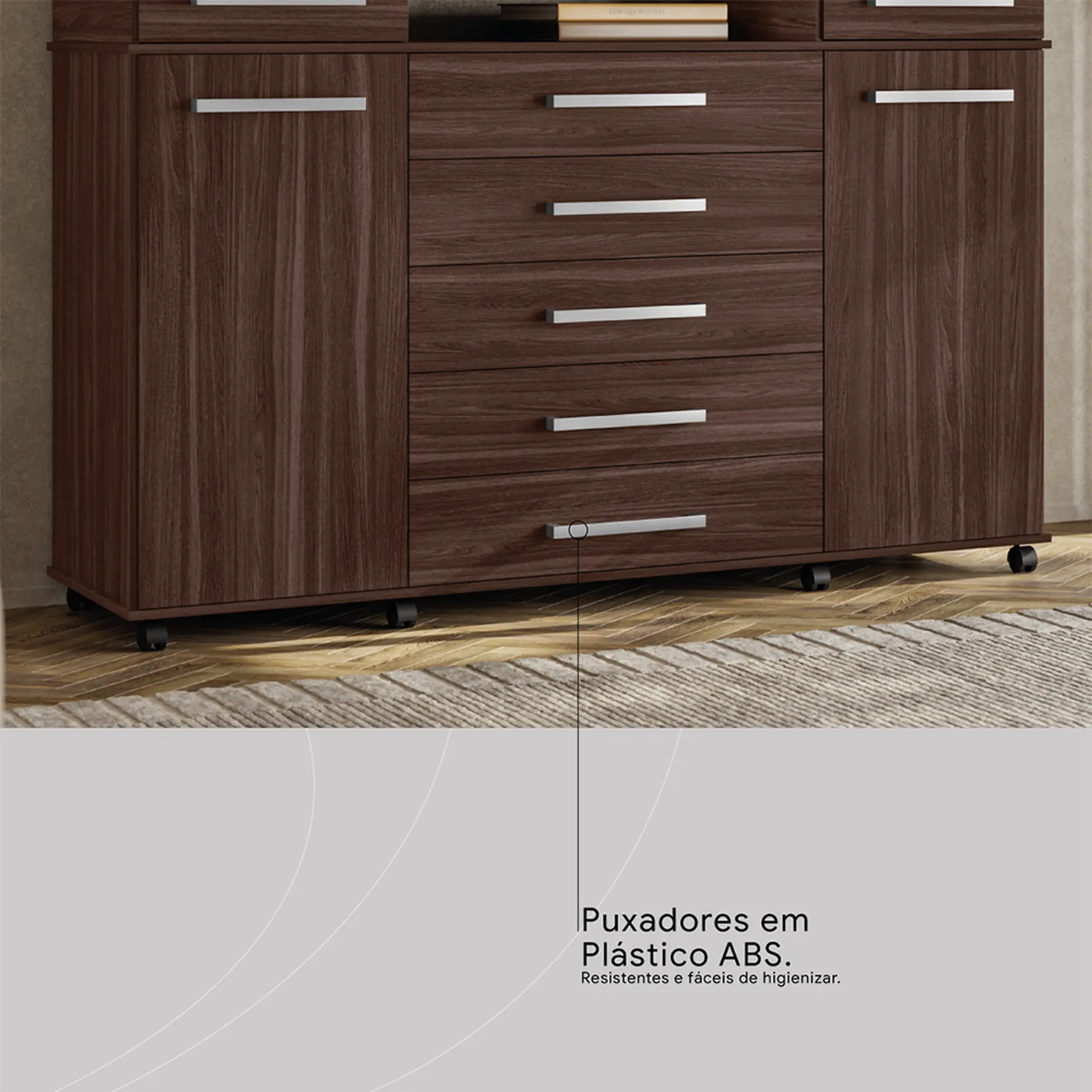 Cômoda 2 Portas Bater 7 Gavetas em MDP com Rodízios London Demóbile - Café Touch
