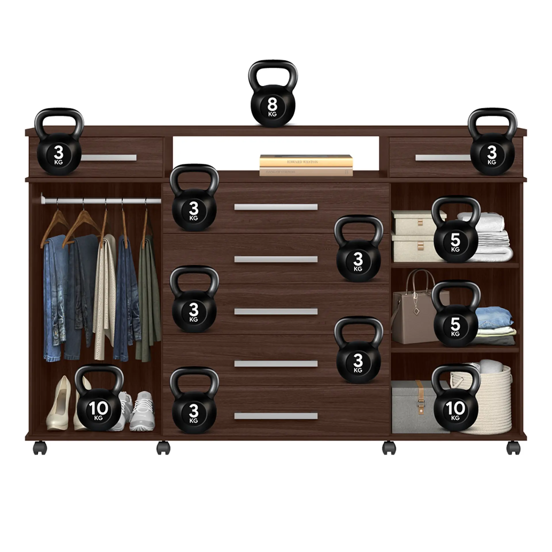 Cômoda 2 Portas Bater 7 Gavetas em MDP com Rodízios London Demóbile - Café Touch