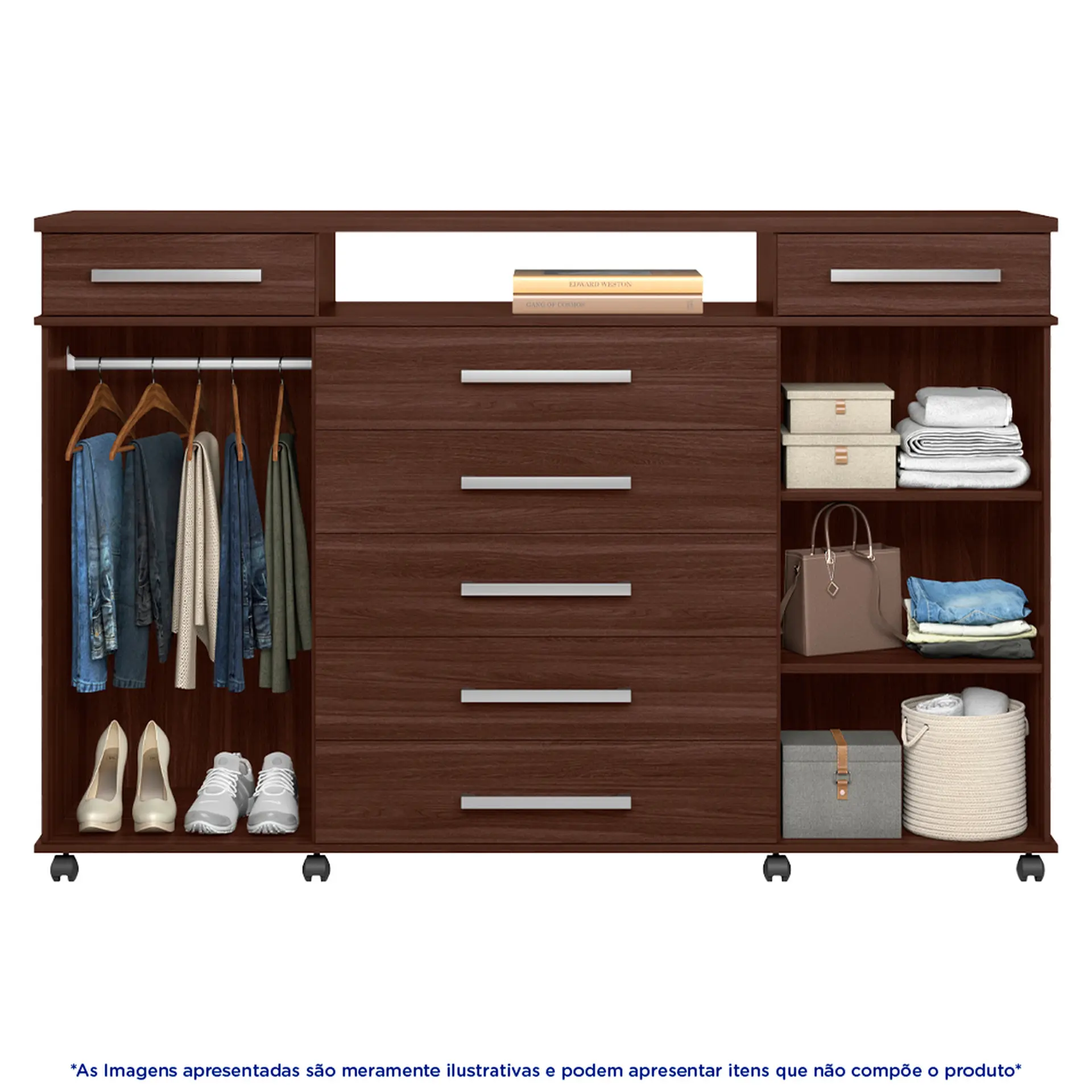 Cômoda 2 Portas Bater 7 Gavetas em MDP com Rodízios London Demóbile - Café Touch
