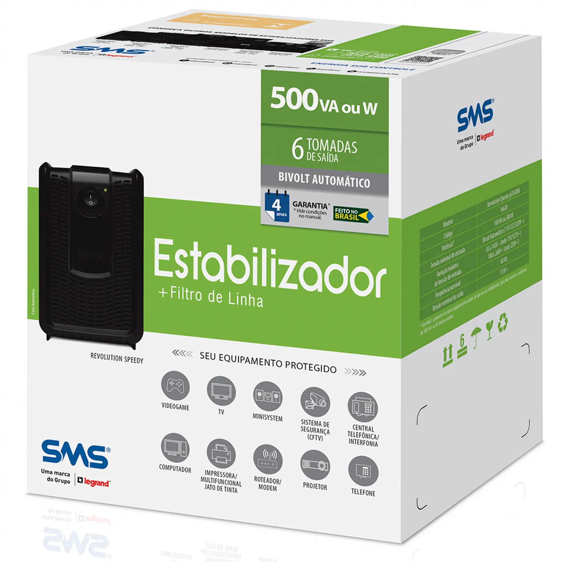Estabilizador SMS Revolution Speedy 500VA 6 Tomadas Monovolt 16620 - Preto - Bivolt