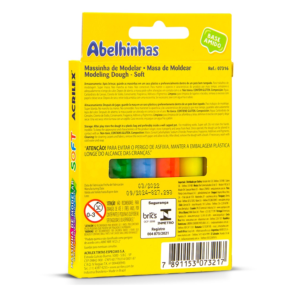 Massinha de Modelar Acrilex Soft com 6 Cores 90 Gramas