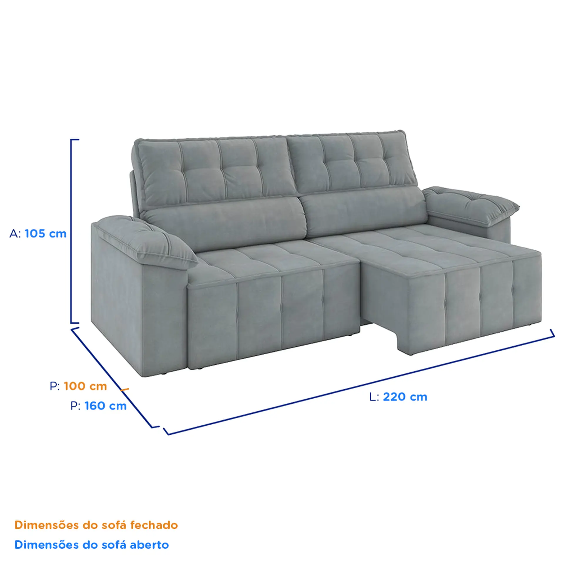 Sofá Retrátil e Reclinável 220 cm Santorini Besthouse - Slim Chumbo