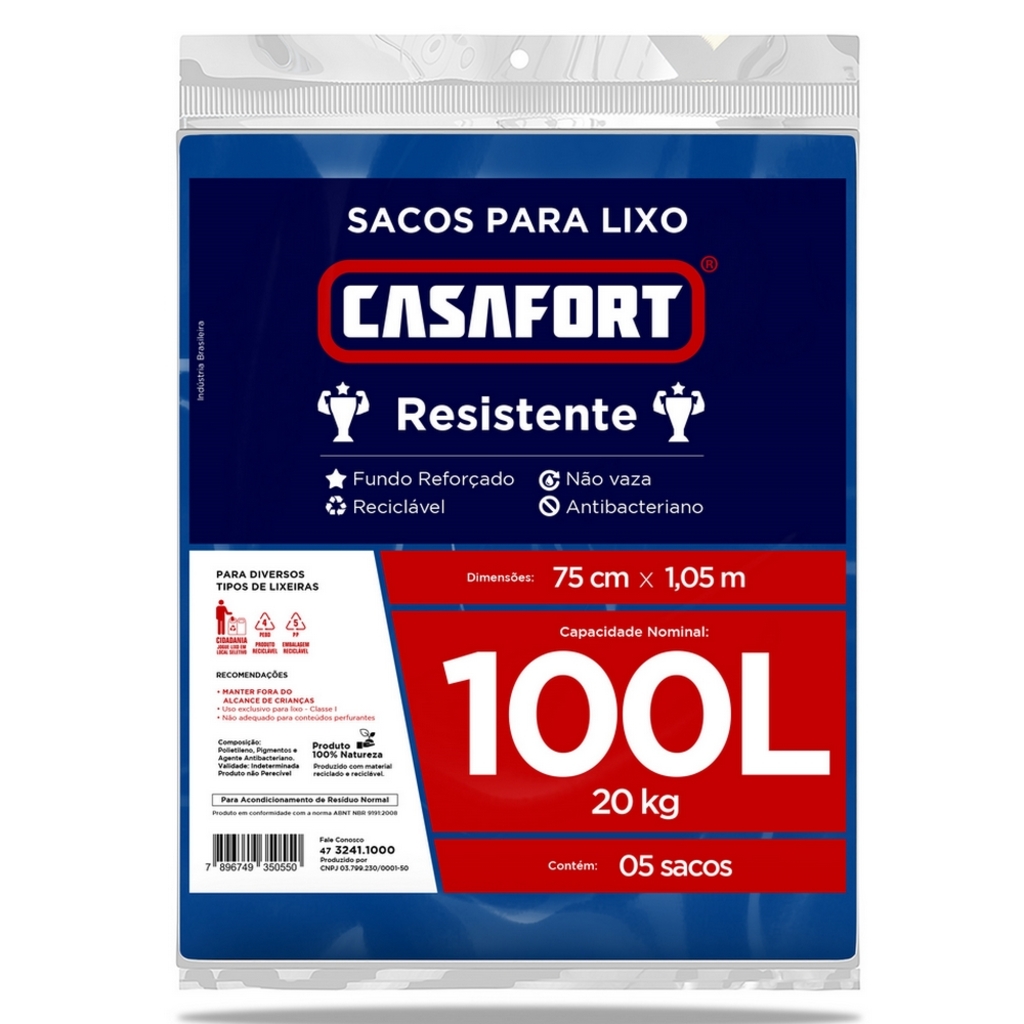 Saco de Lixo Azul Almofada 100 Litros 75x105cm CasaFort - 10120967 - Pacote com 5 Unidades