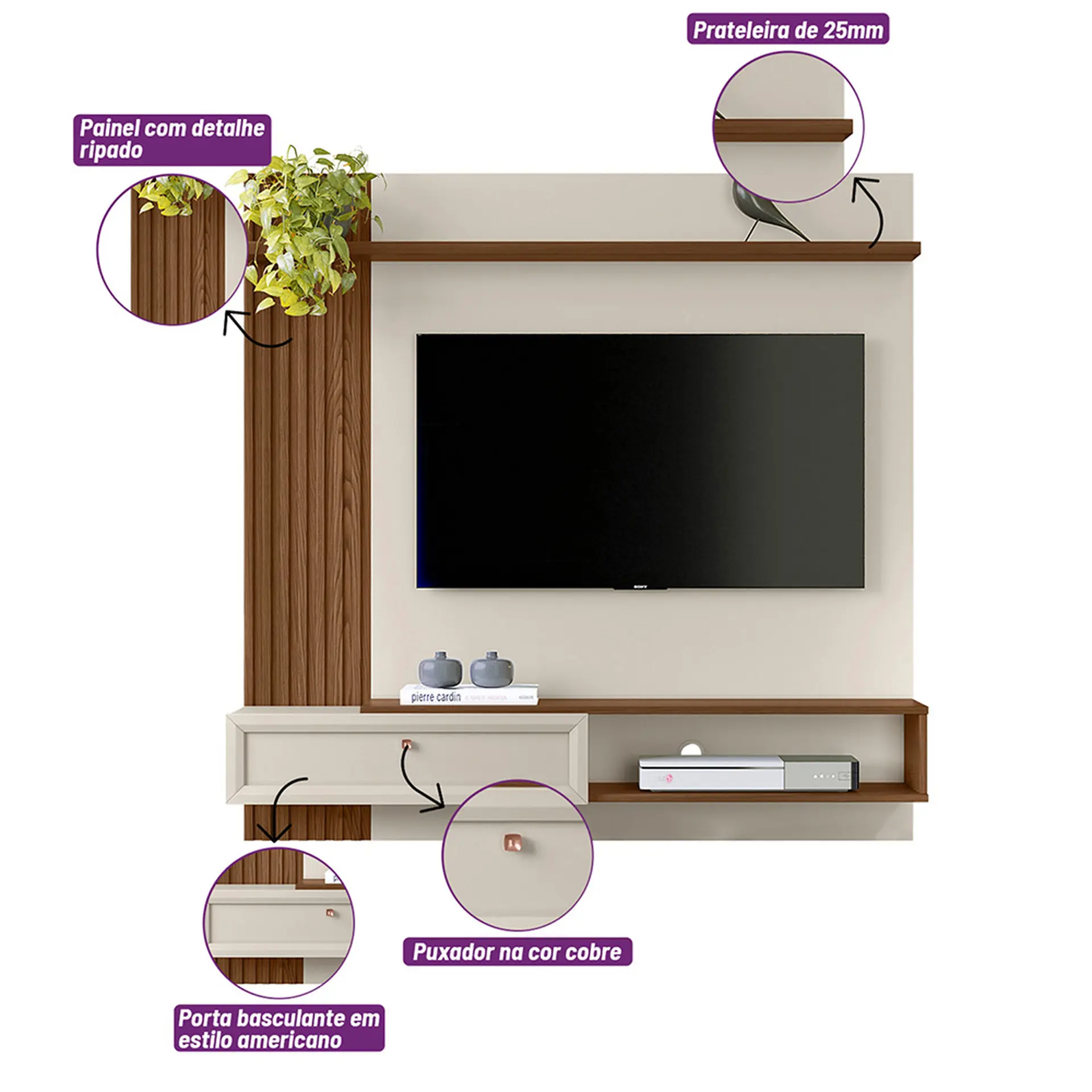 Painel para TV até 55” 1 Porta Basculante Alvorada Linea Brasil - Freijo/Off White