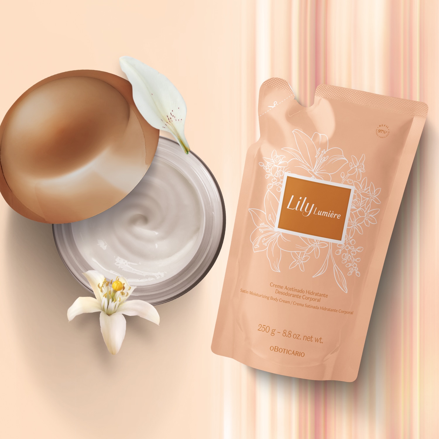Combo Lily Lumière: Creme Acetinado Desodorante Hidratante Corporal 250g + Refil 250g