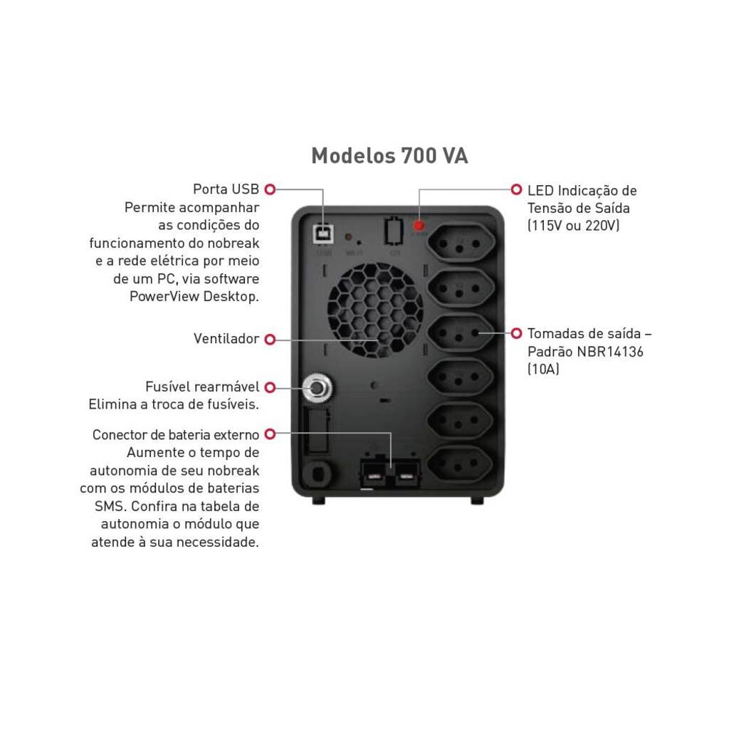 No-Break SMS Pro 700VA Entrada Bivolt e Saída Bivolt Wi-Fi 1 Bateria - 29400 - com Conexão para Bateria Externa