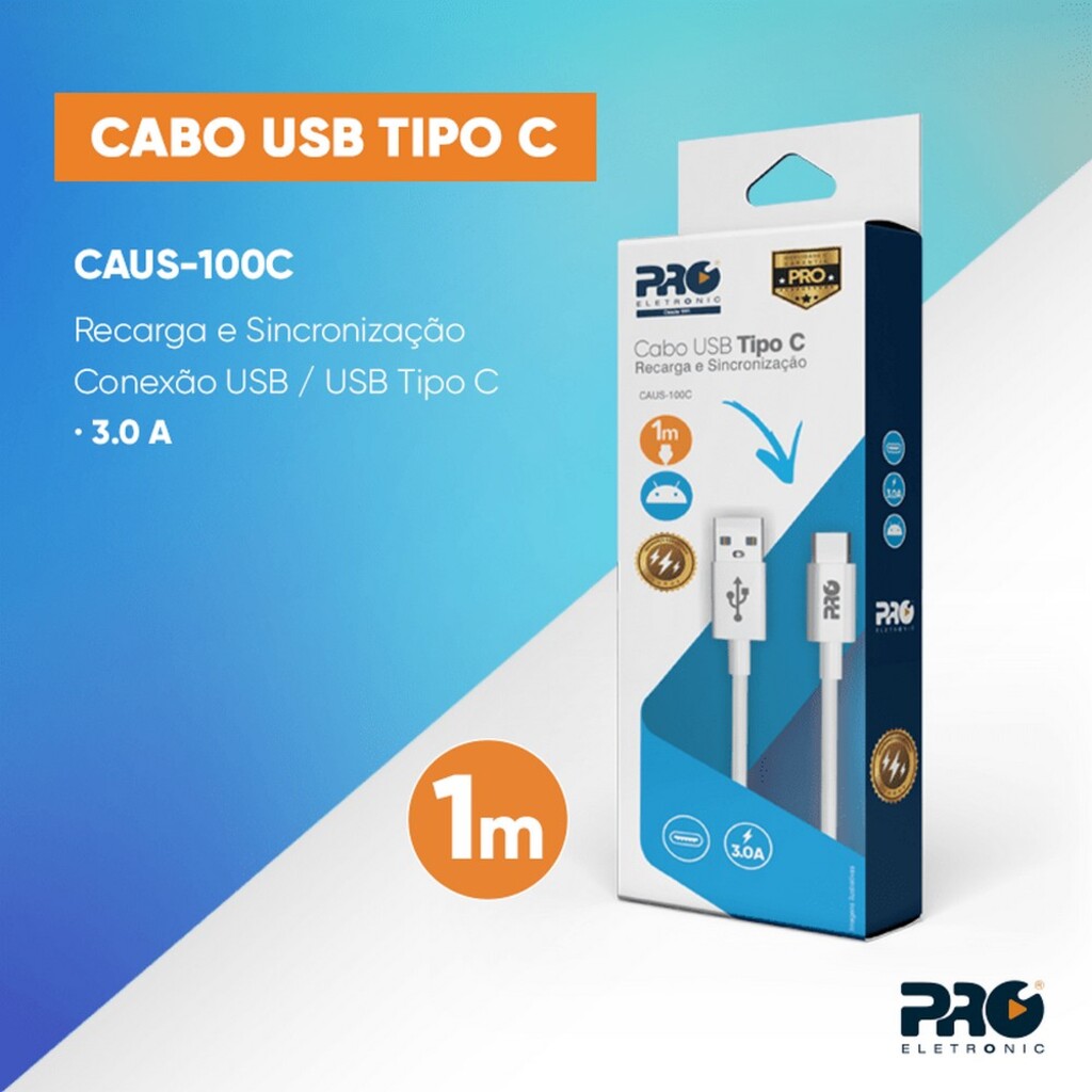 Cabo USB A-Macho - Type-C 1,0 Metro 3.0A Branco Proeletronic - CAUSB100C