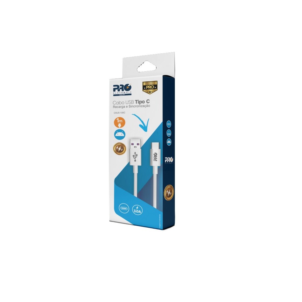Cabo USB A-Macho - Type-C 1,0 Metro 3.0A Branco Proeletronic - CAUSB100C