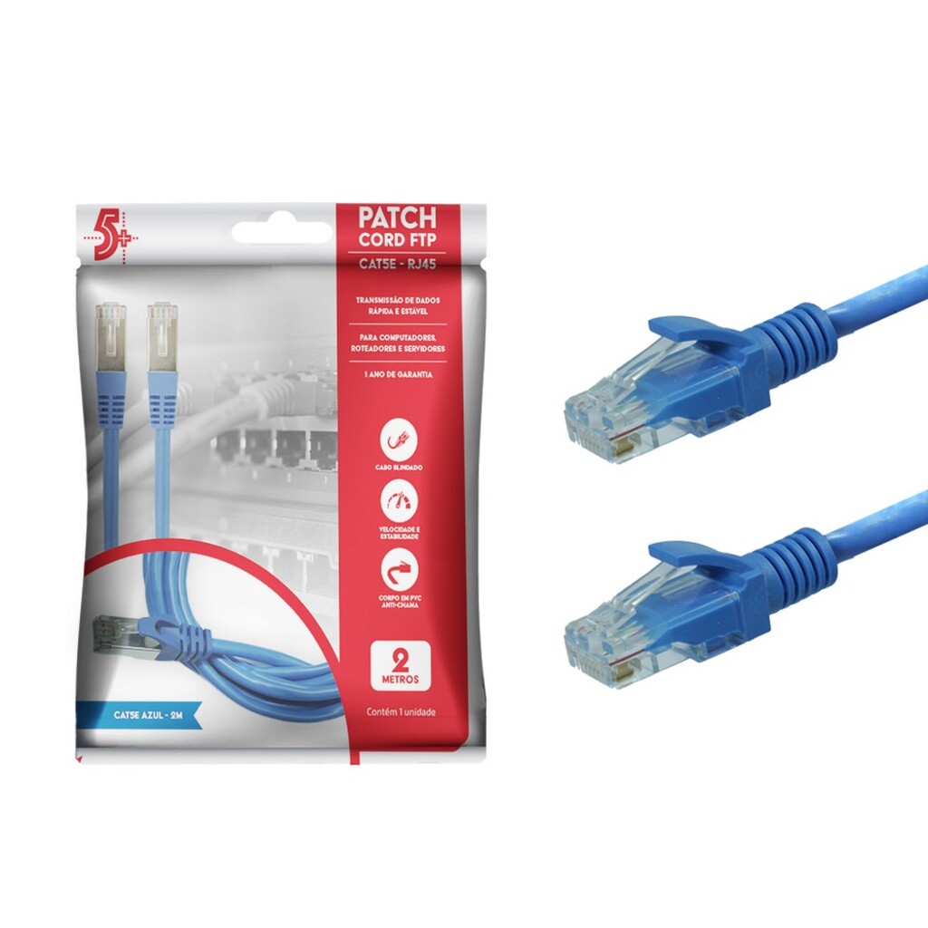 Cabo Patch Cord Cat.5e FTP 2,0 Metros Blindado Azul 5+ 018-1074