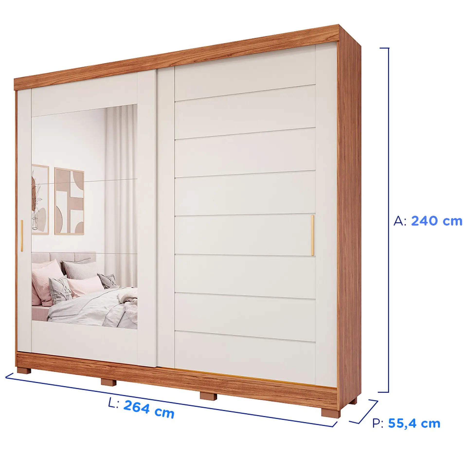 Guarda-Roupa Casal 2 Portas Correr 8 Gavetas MDF Espelho Florença Panan - Cinamomo/ Off white