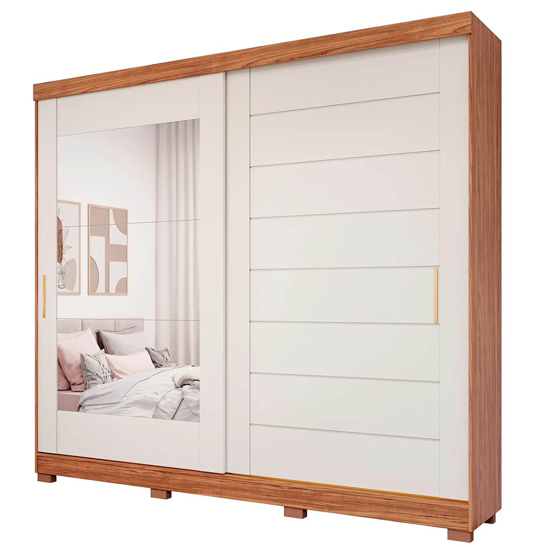 Guarda-Roupa Casal 2 Portas Correr 8 Gavetas MDF Espelho Florença Panan - Cinamomo/ Off white