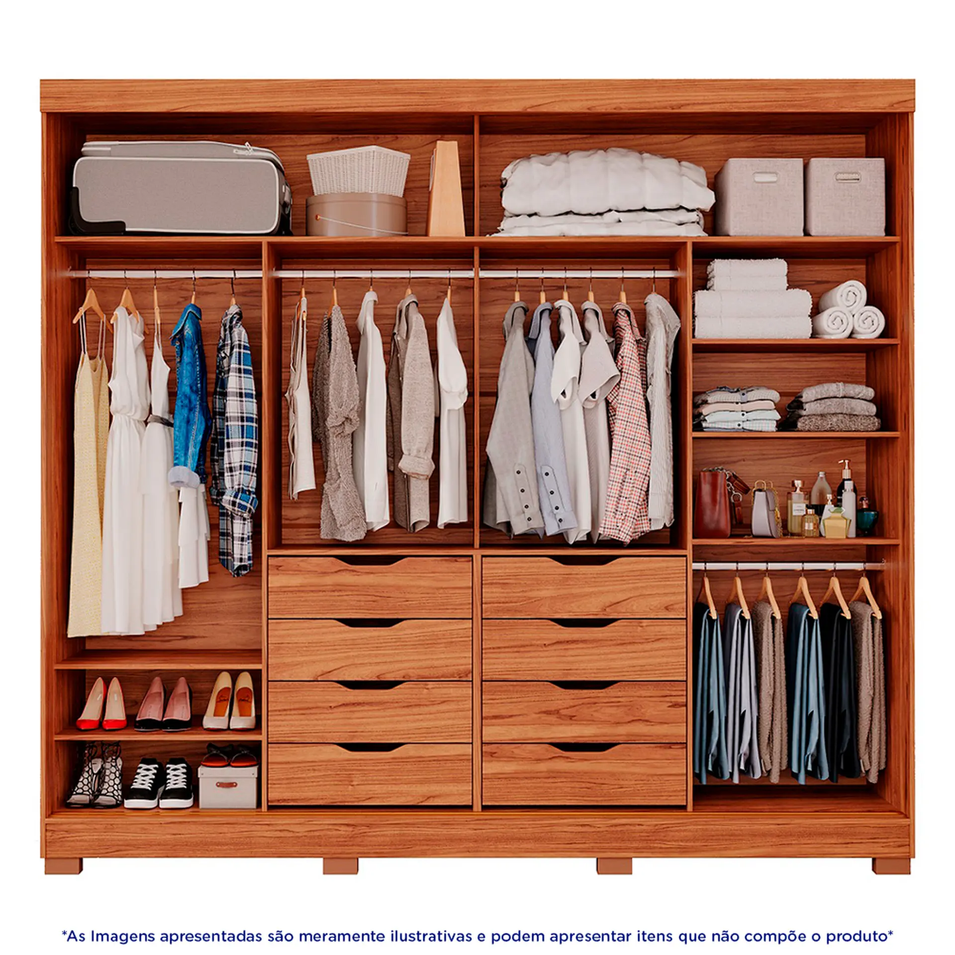 Guarda-Roupa Casal 2 Portas Correr 8 Gavetas MDF Espelho Florença Panan - Cinamomo/ Off white