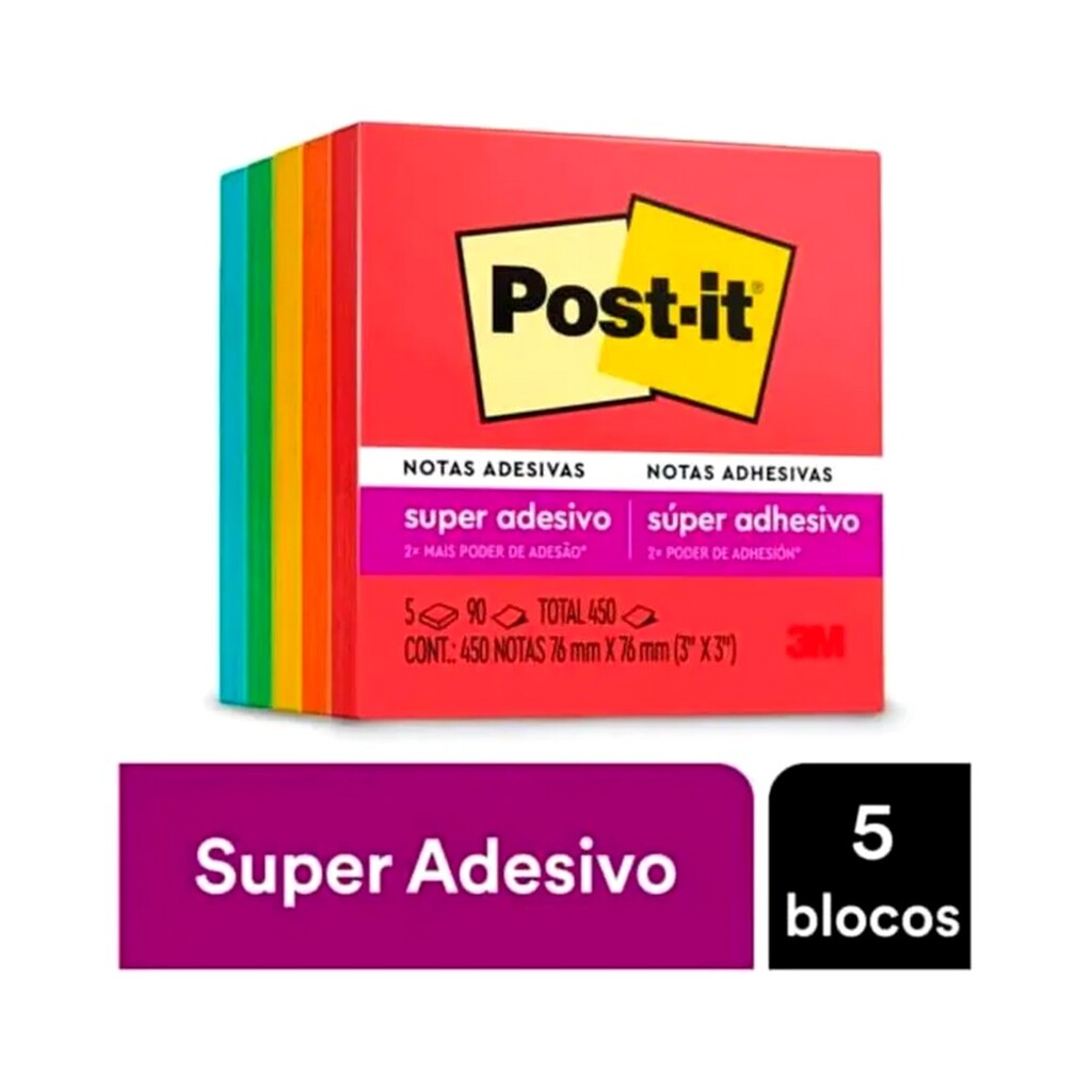 Bloco de Notas Adesivo 76X76mm com 5 Blocos de 90 Folhas 5 Cores - Coleção Diversão Post-it - 3M - HB004657431