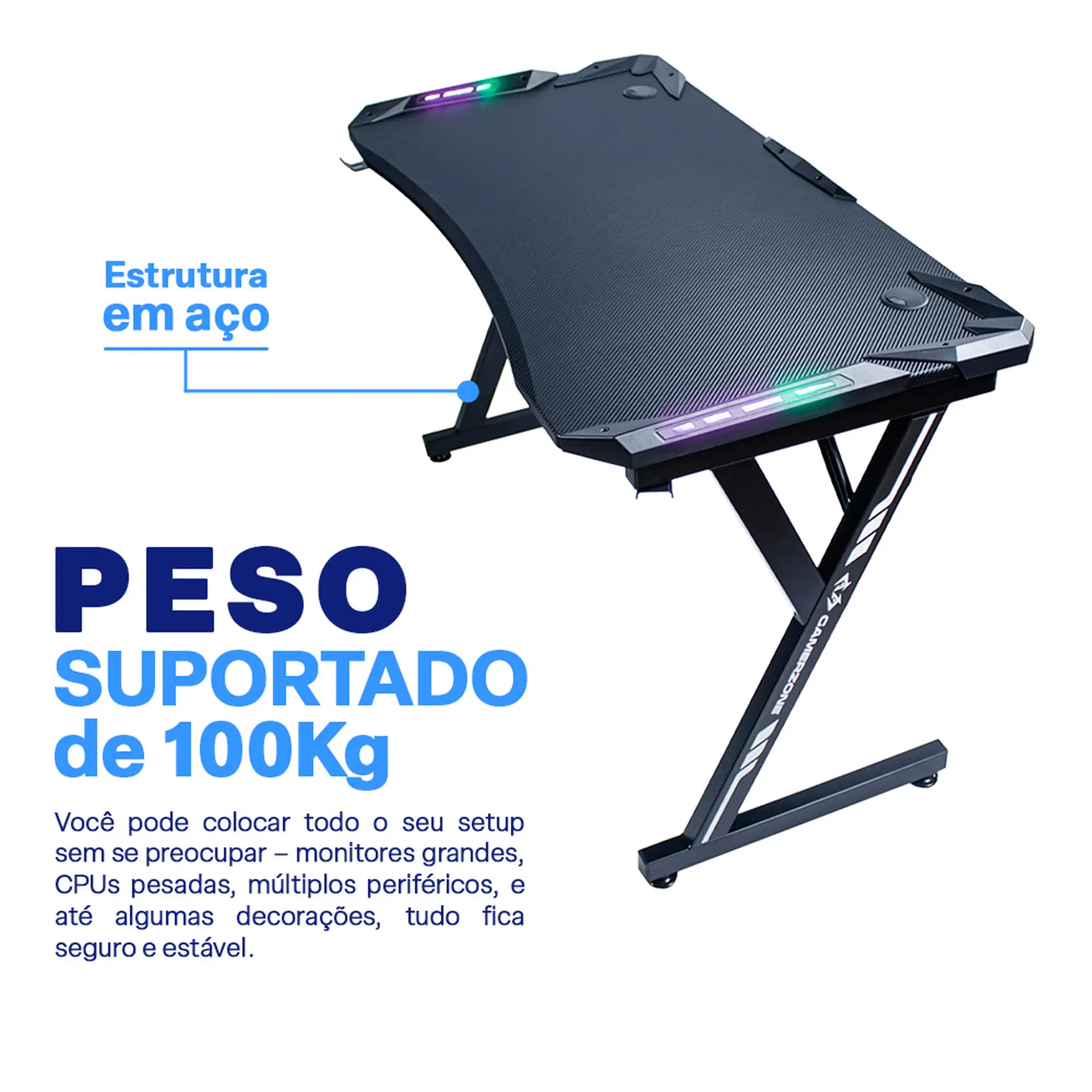 Mesa Gamer RGB Revestimento Fibra de Carbono Gamerzone Xtreme - Preto