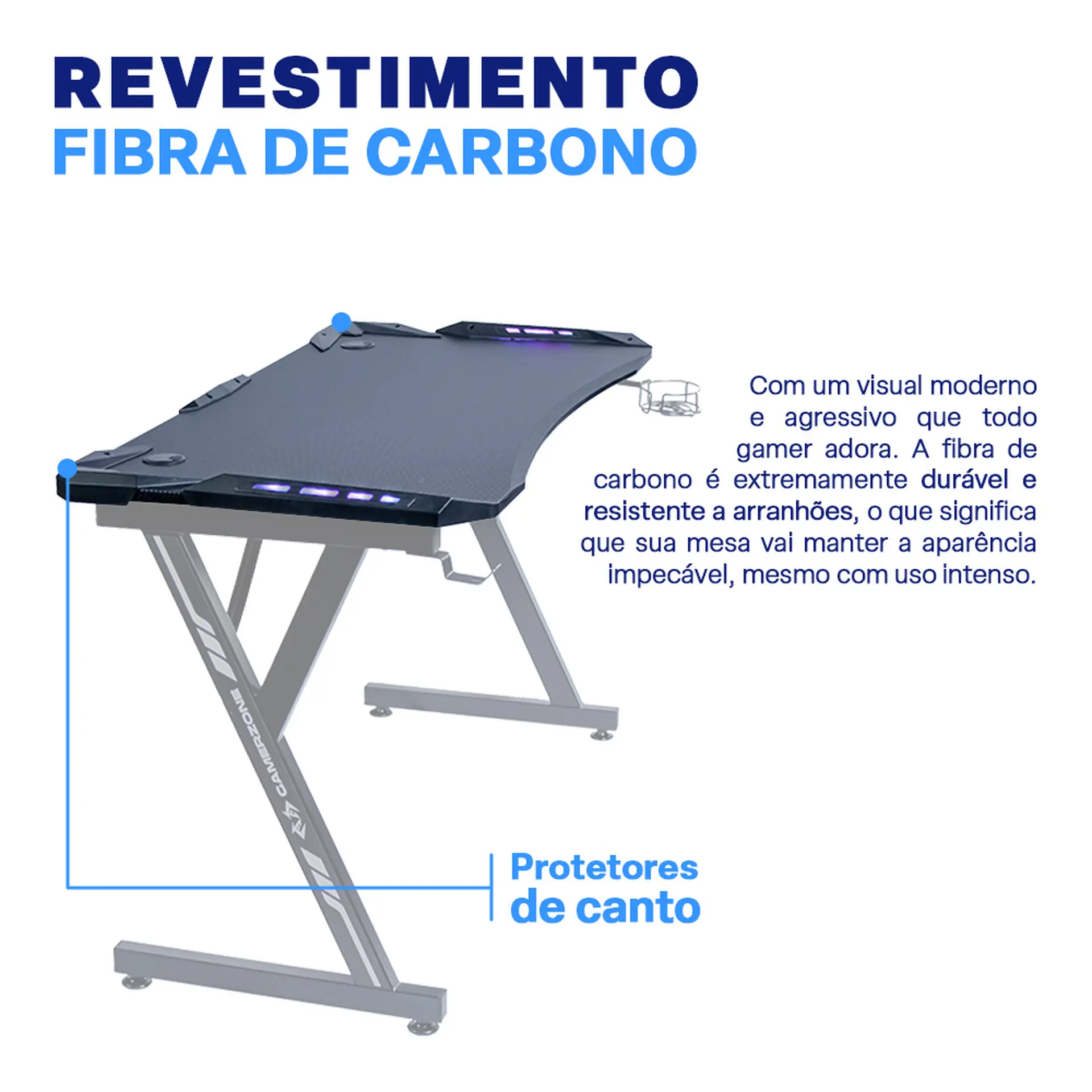 Mesa Gamer RGB Revestimento Fibra de Carbono Gamerzone Xtreme - Preto