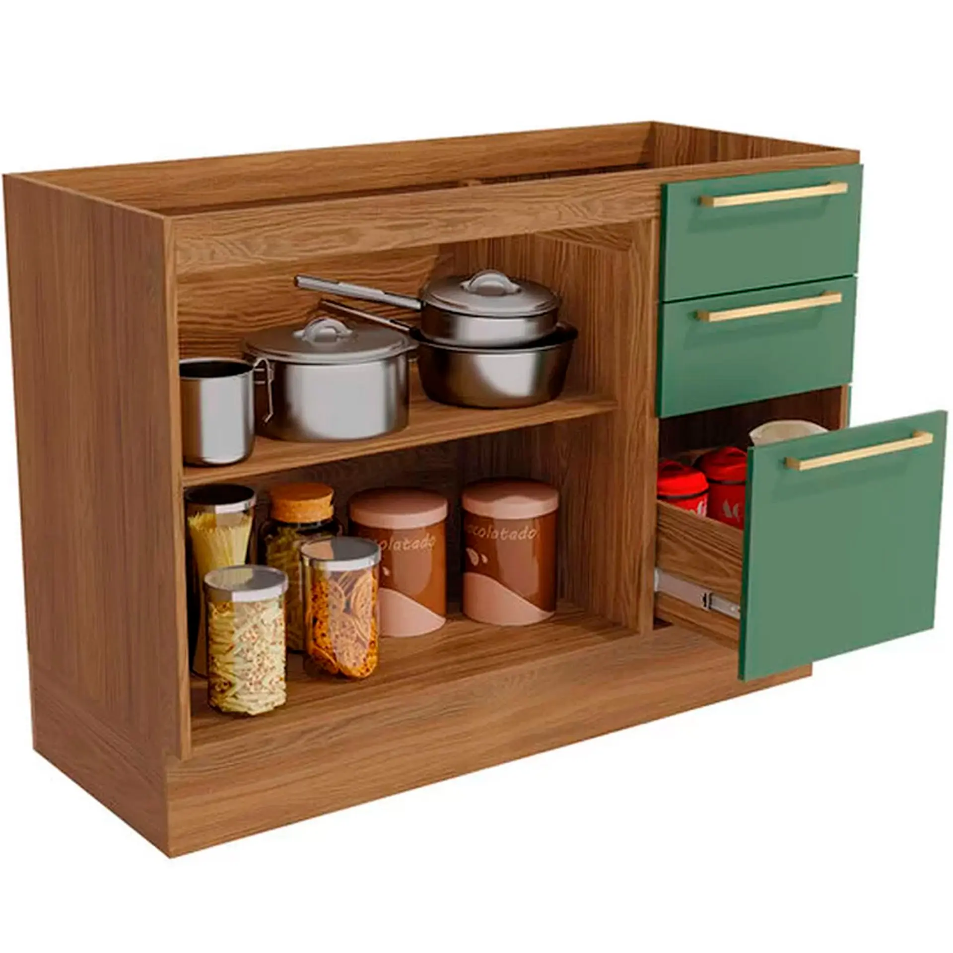 Cozinha Completa Modulada 5 Peças 11 Portas 3 Gavetas MDP Botanic Kappesberg - Nog. Fosco/Verde Oliva