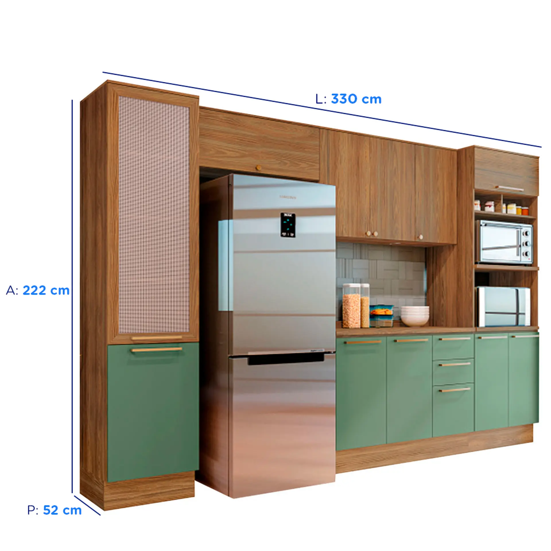 Cozinha Completa Modulada 5 Peças 11 Portas 3 Gavetas MDP Botanic Kappesberg - Nog. Fosco/Verde Oliva