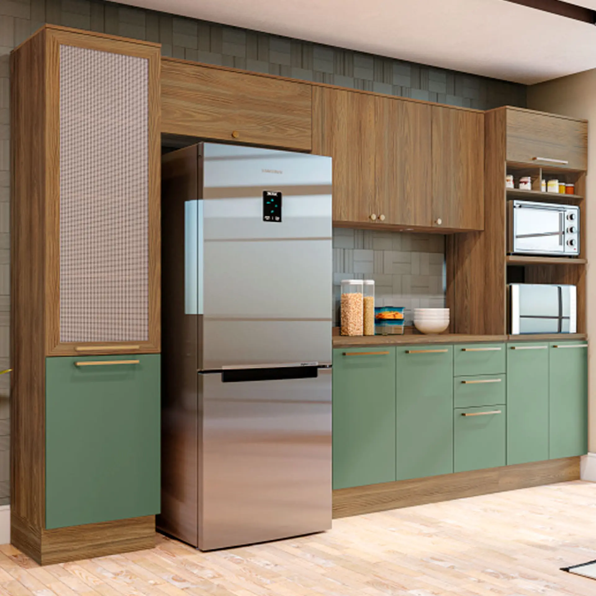 Cozinha Completa Modulada 5 Peças 11 Portas 3 Gavetas MDP Botanic Kappesberg - Nog. Fosco/Verde Oliva