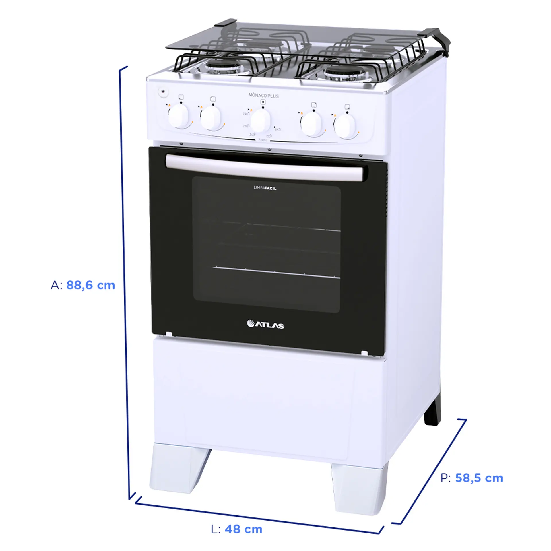 Fogão Atlas 4 Bocas Mônaco Plus Automático Mesa de Inox Forno 50L - Branco