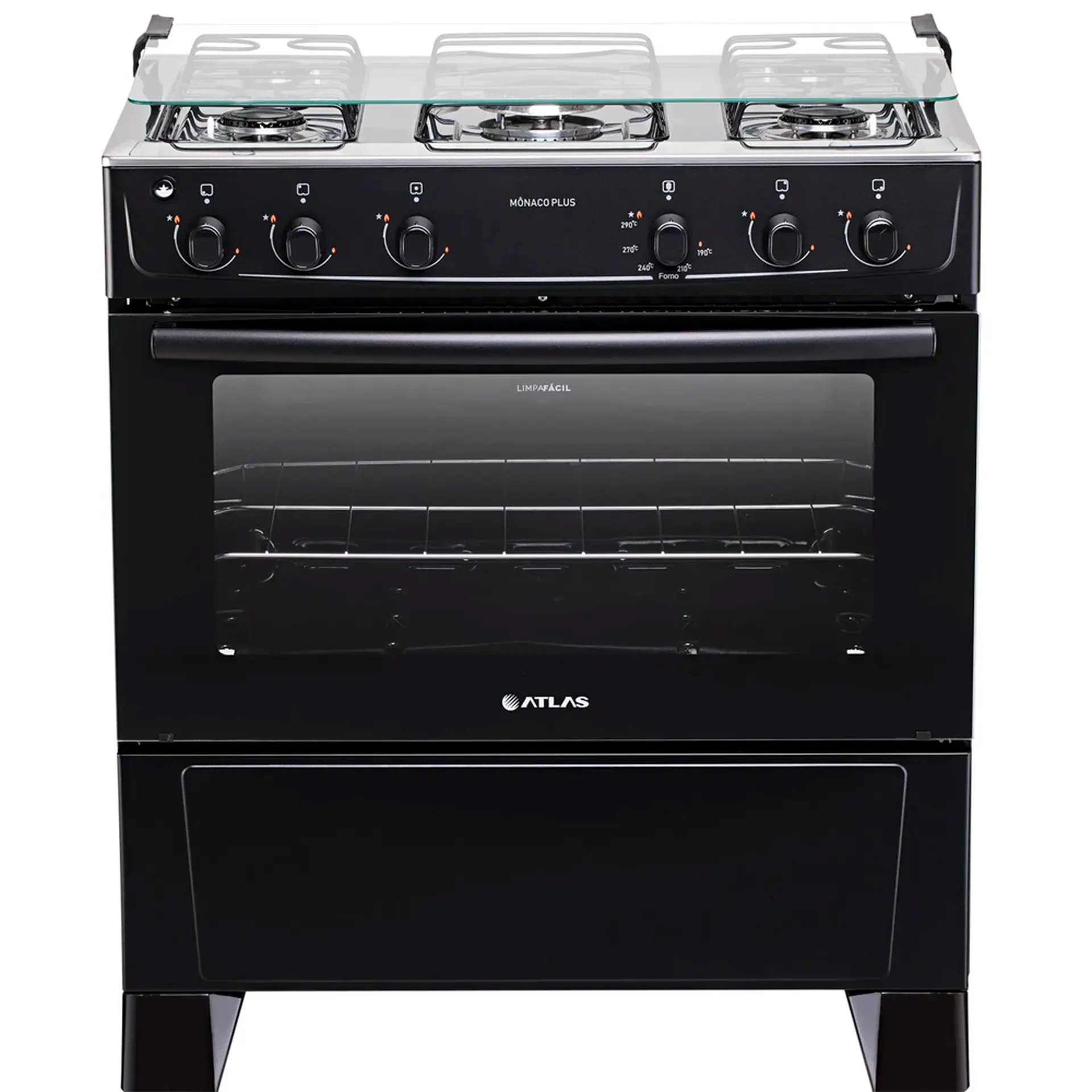 Fogão Atlas 5 Bocas Mônaco Plus Automático Mesa Inox Forno 86,5L - Preto - Bivolt