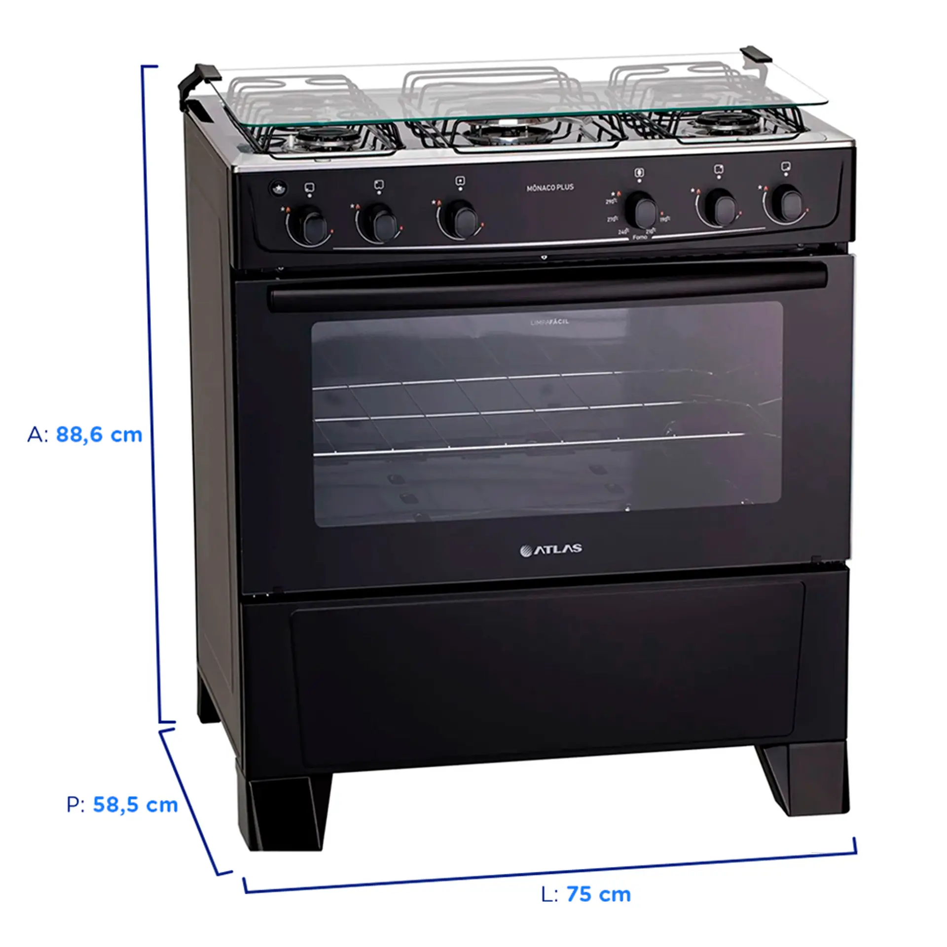 Fogão Atlas 5 Bocas Mônaco Plus Automático Mesa Inox Forno 86,5L - Preto - Bivolt