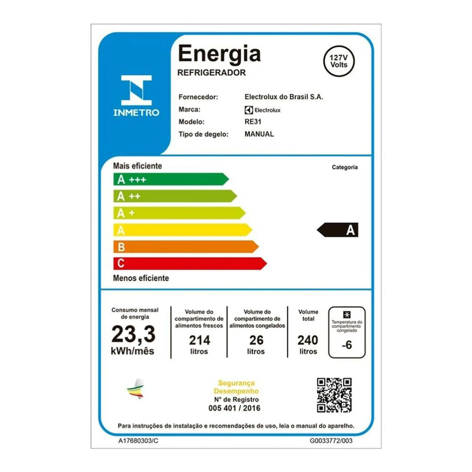Geladeira Electrolux 240L Cycle Defrost 1 Porta RE31 - Branco - 110 Volts