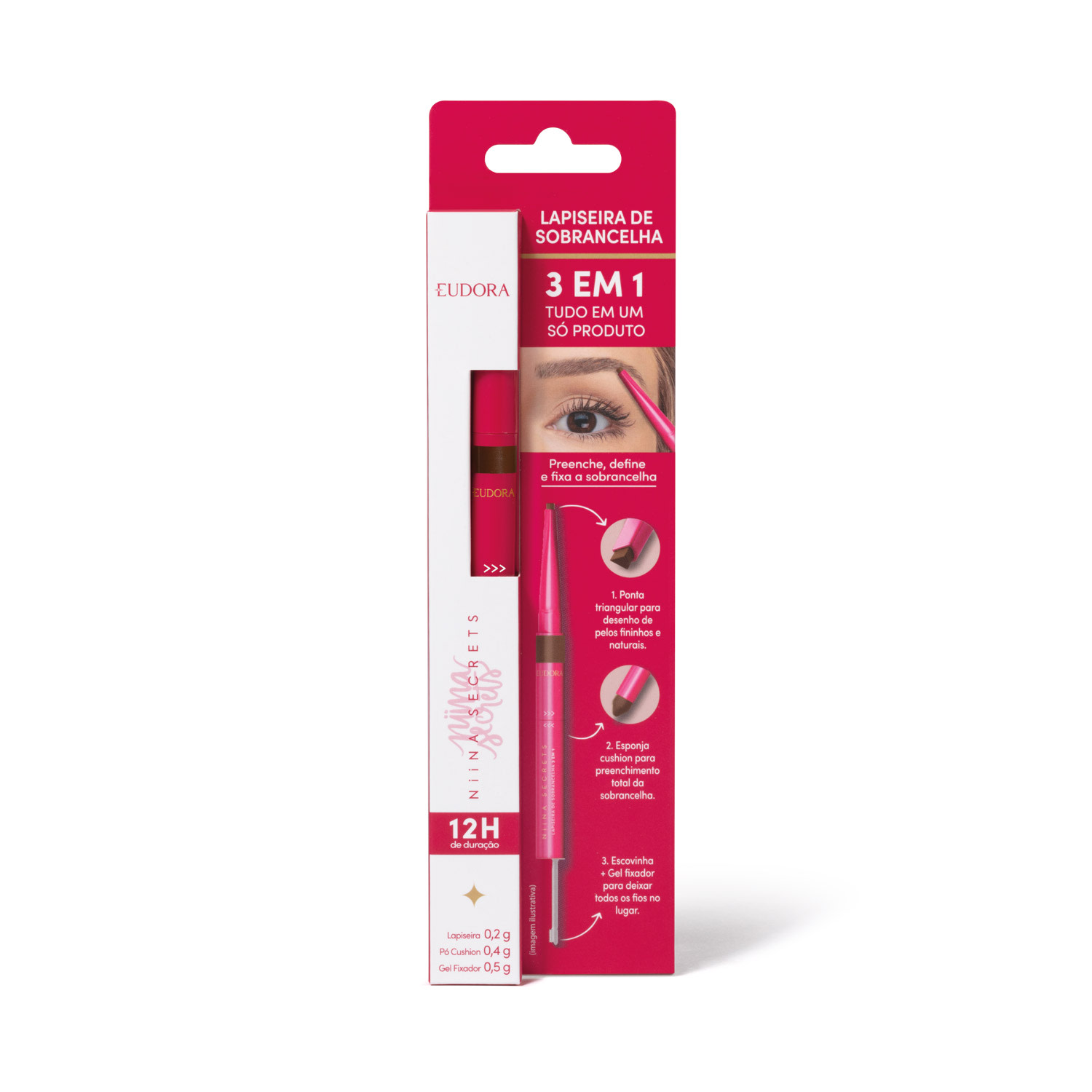 Lapiseira de Sobrancelha 3 em 1 Escura Niina Secrets 1,1g
