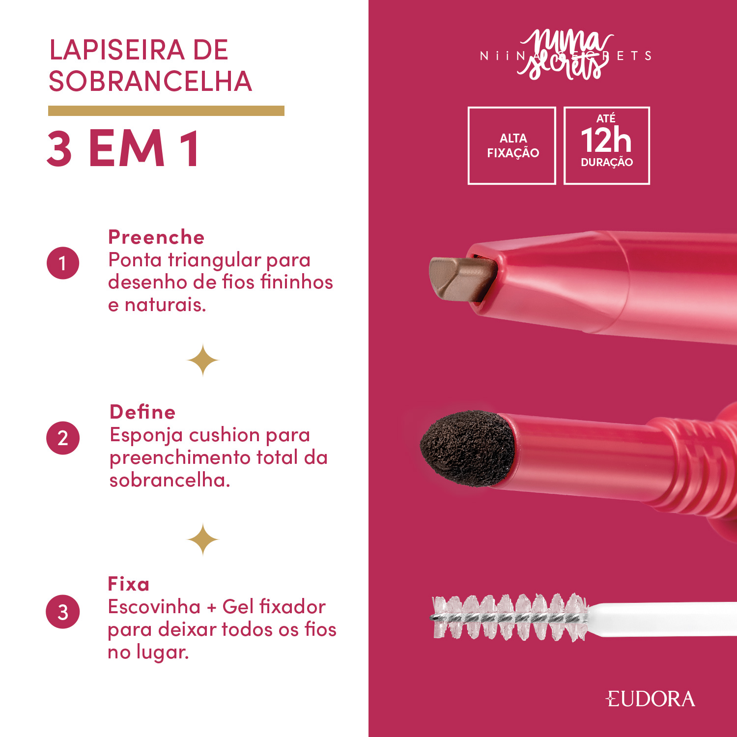 Lapiseira de Sobrancelha 3 em 1 Escura Niina Secrets 1,1g