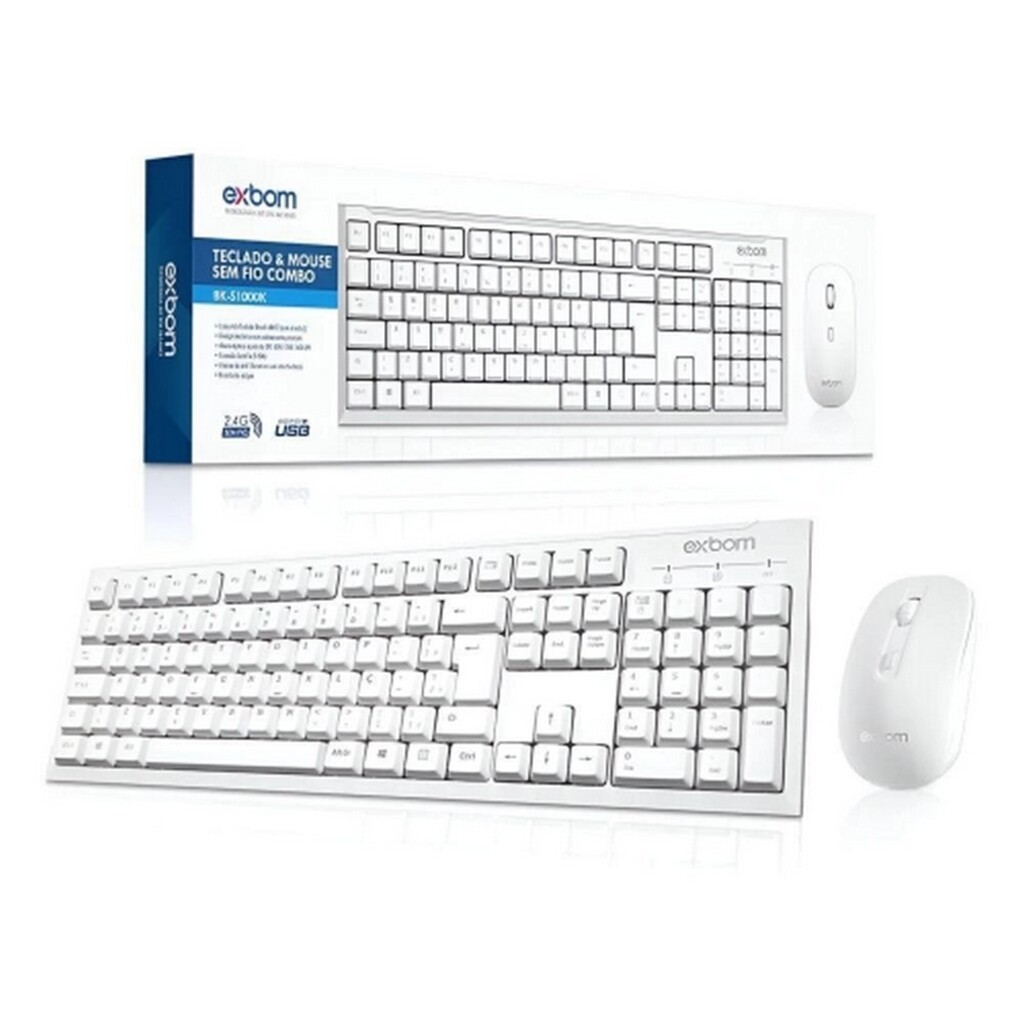 Kit Teclado + Mouse sem Fio Exbom Branco - 4367 - BK-S1000K