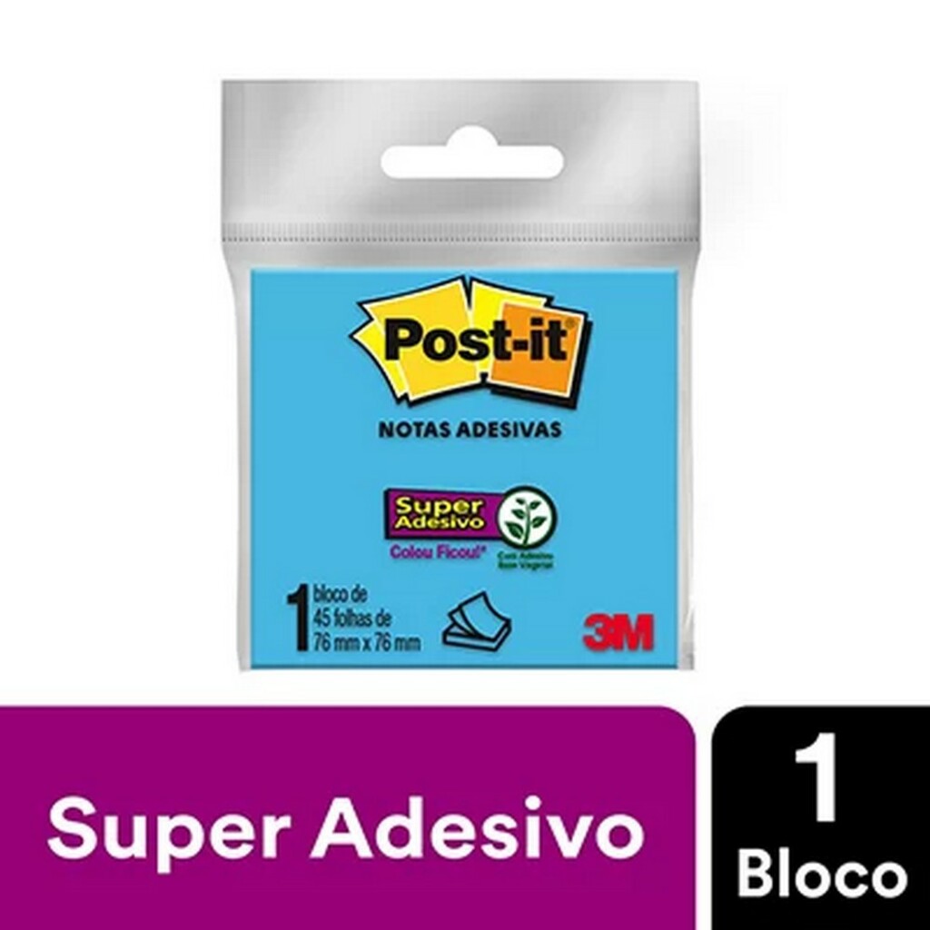 Bloco de Notas Adesivo 76x76mm com 1 Bloco de 45 Folhas Azul - Post-it - 3M - HB004399422