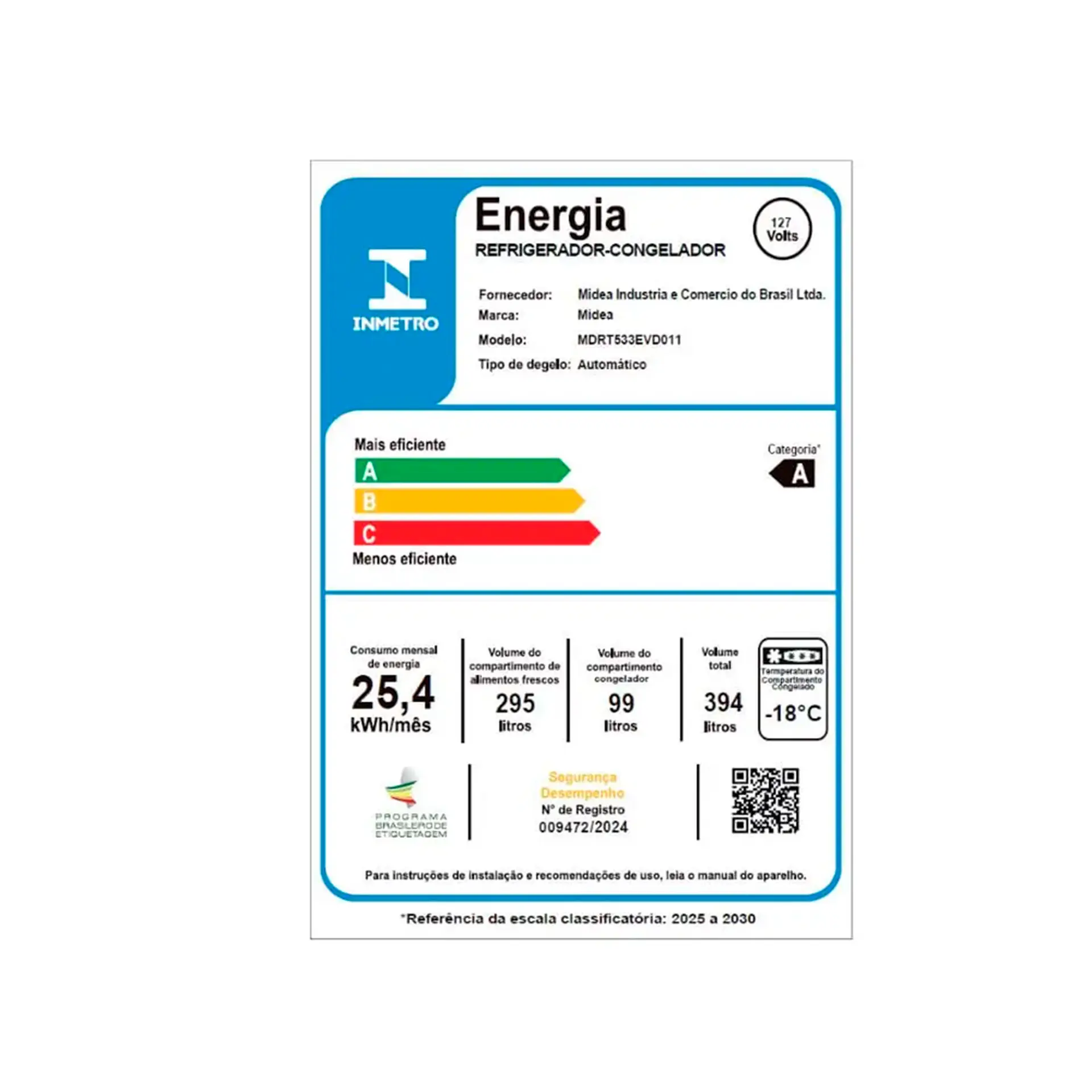 Geladeira Midea 394L Frost Free Duplex MDRT53 - Branco - 110 Volts