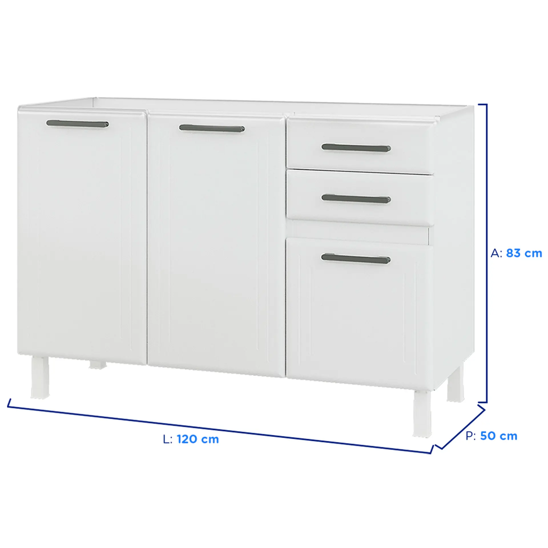 Balcão sem Tampo 2 Portas 3 Gavetas 120cm Liz Telasul em Aço - Branco