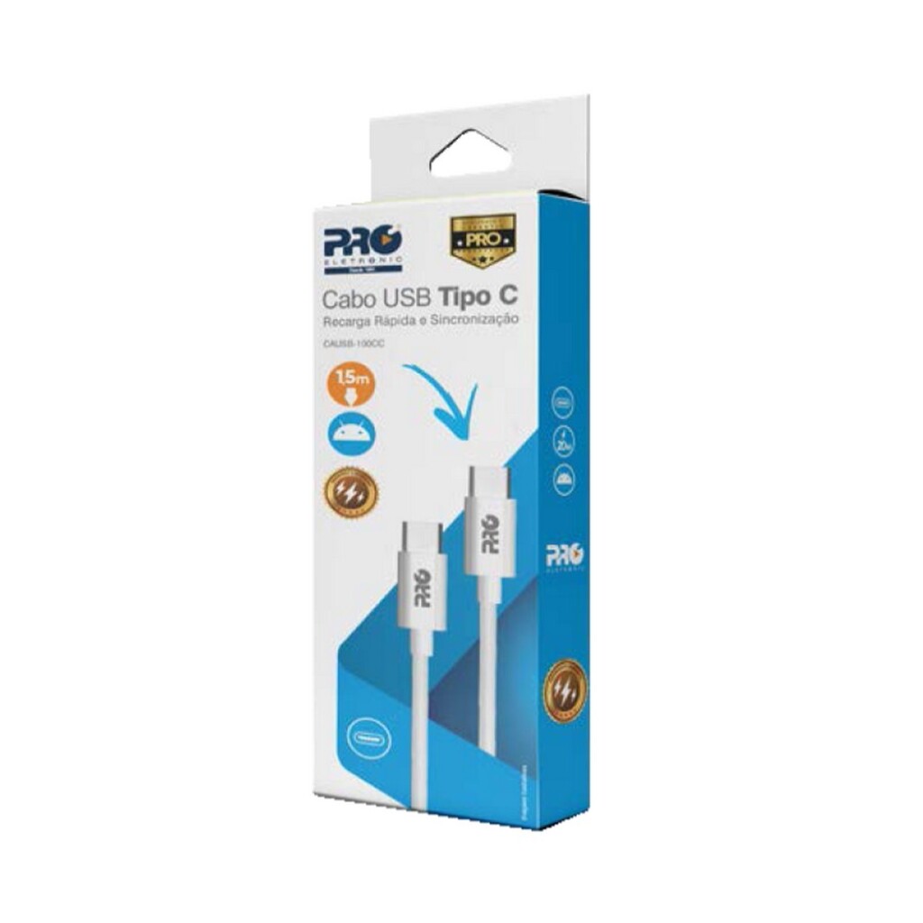 Cabo USB Type-C Macho - Type-C Macho 60W 1,0 Metro Branco Proeletronic  - CAUSB100CC