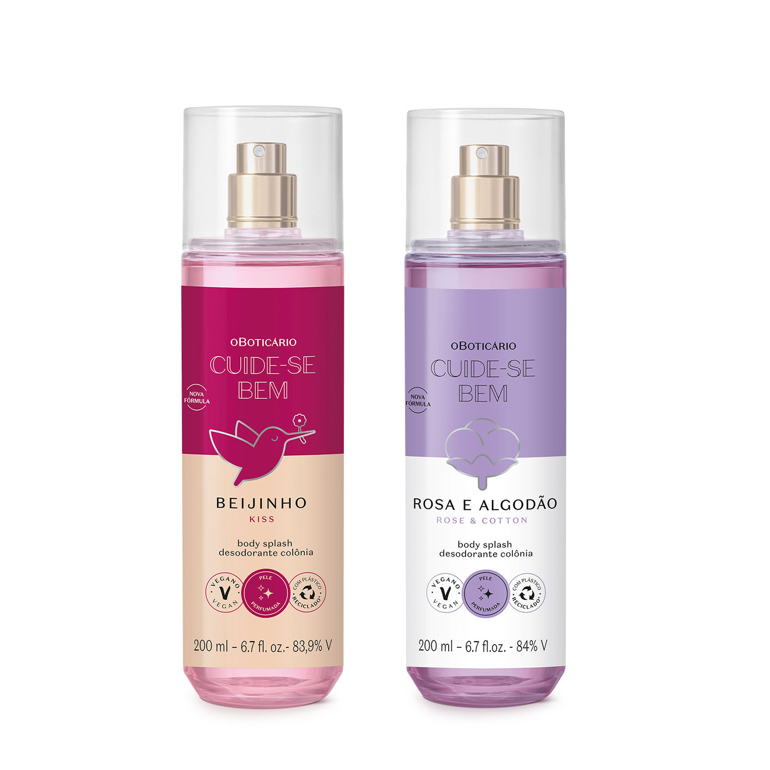 Combo Body Splash Cuide-se Bem: Beijinho 200ml + Rosa e Algodão 200ml