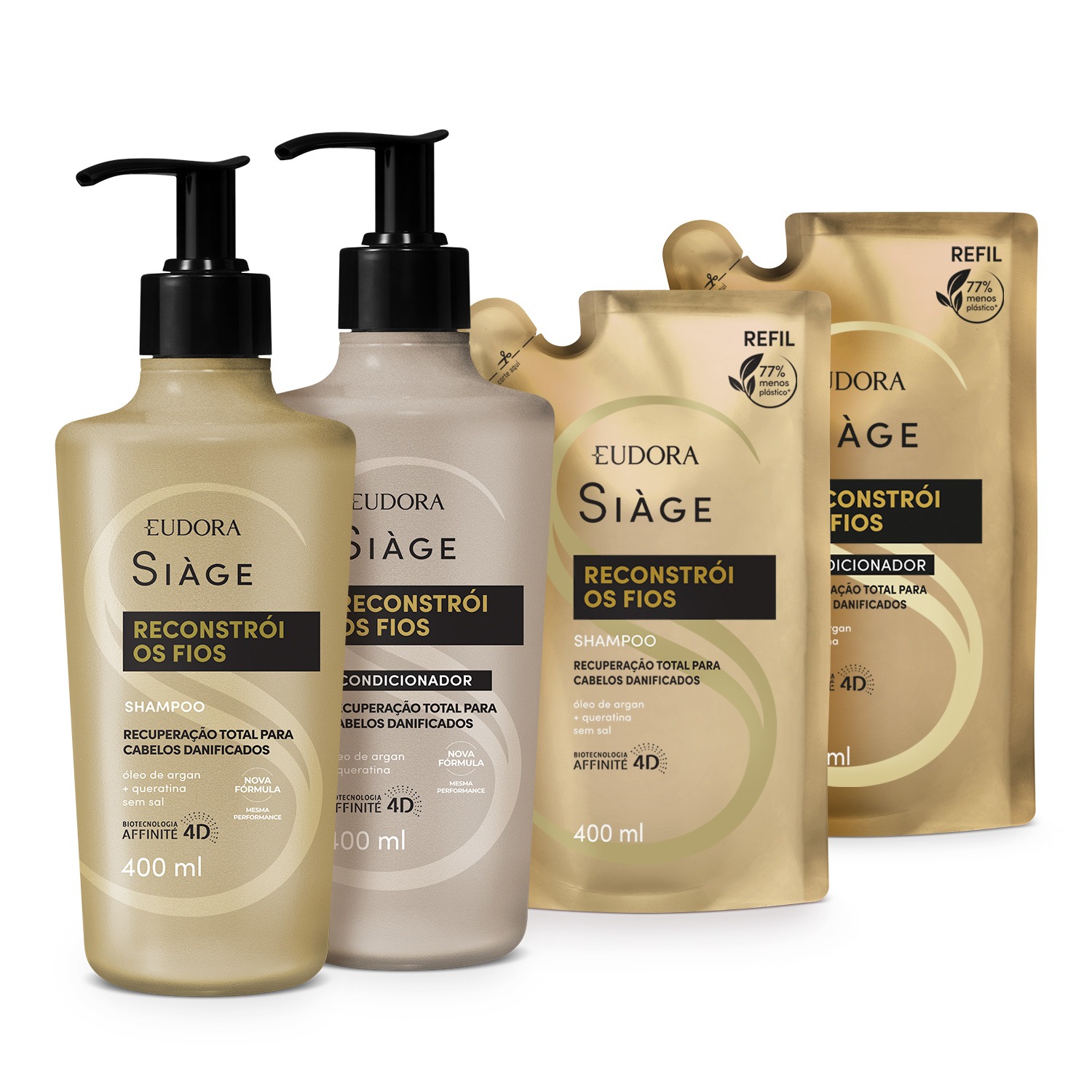 Kit Siàge Reconstrói Fios: Shampoo 400ml + Refil Shampoo 400ml + Condicionador 400ml + Refil Condicionador 400ml